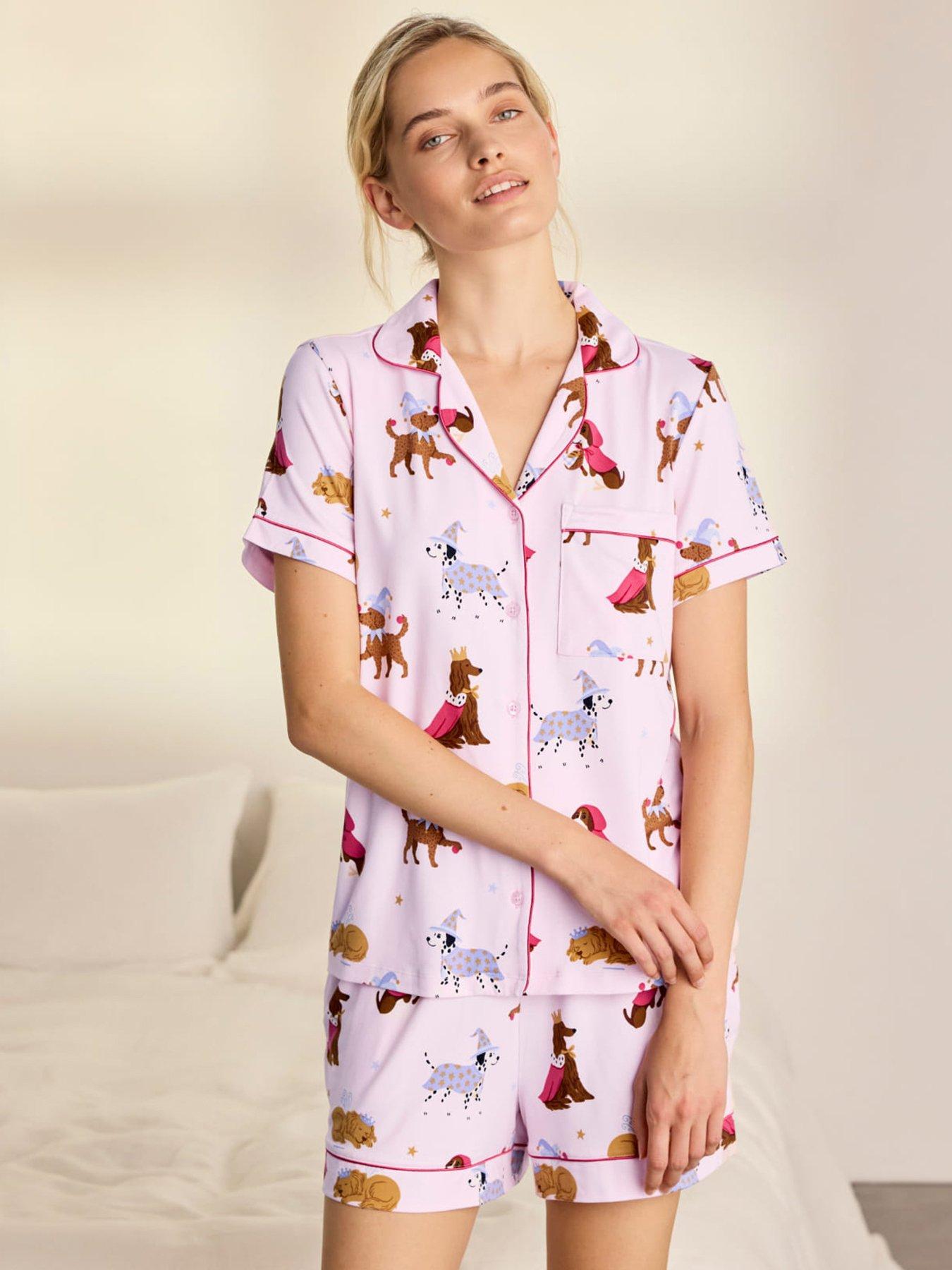 Image 1 of 6 of CHELSEA PEERS Fairytale Dogs Print Short Pyjama Set - Pink