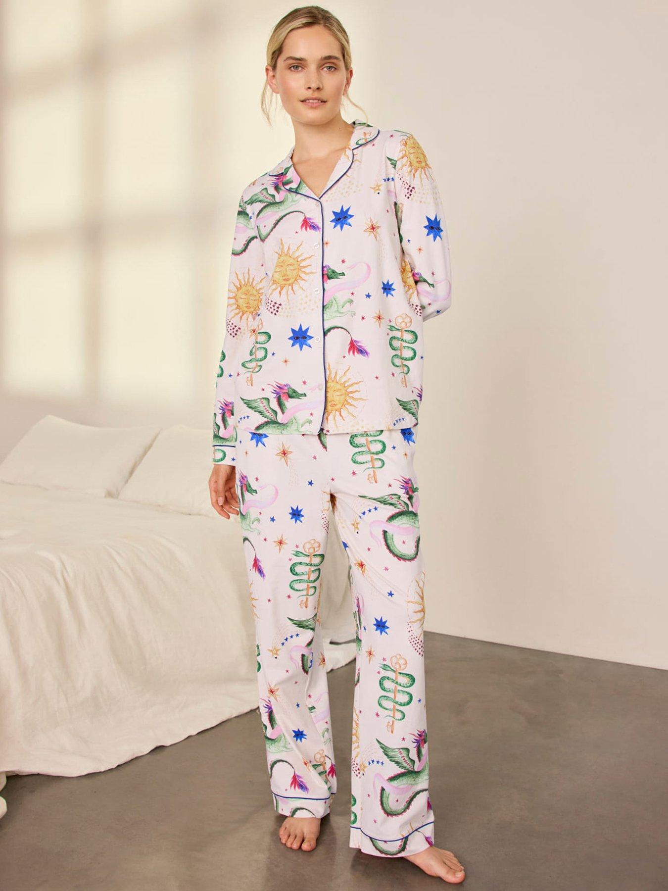 Image 1 of 6 of CHELSEA PEERS Cotton Mythical Dragon Print Long Pyjama Set - Off White