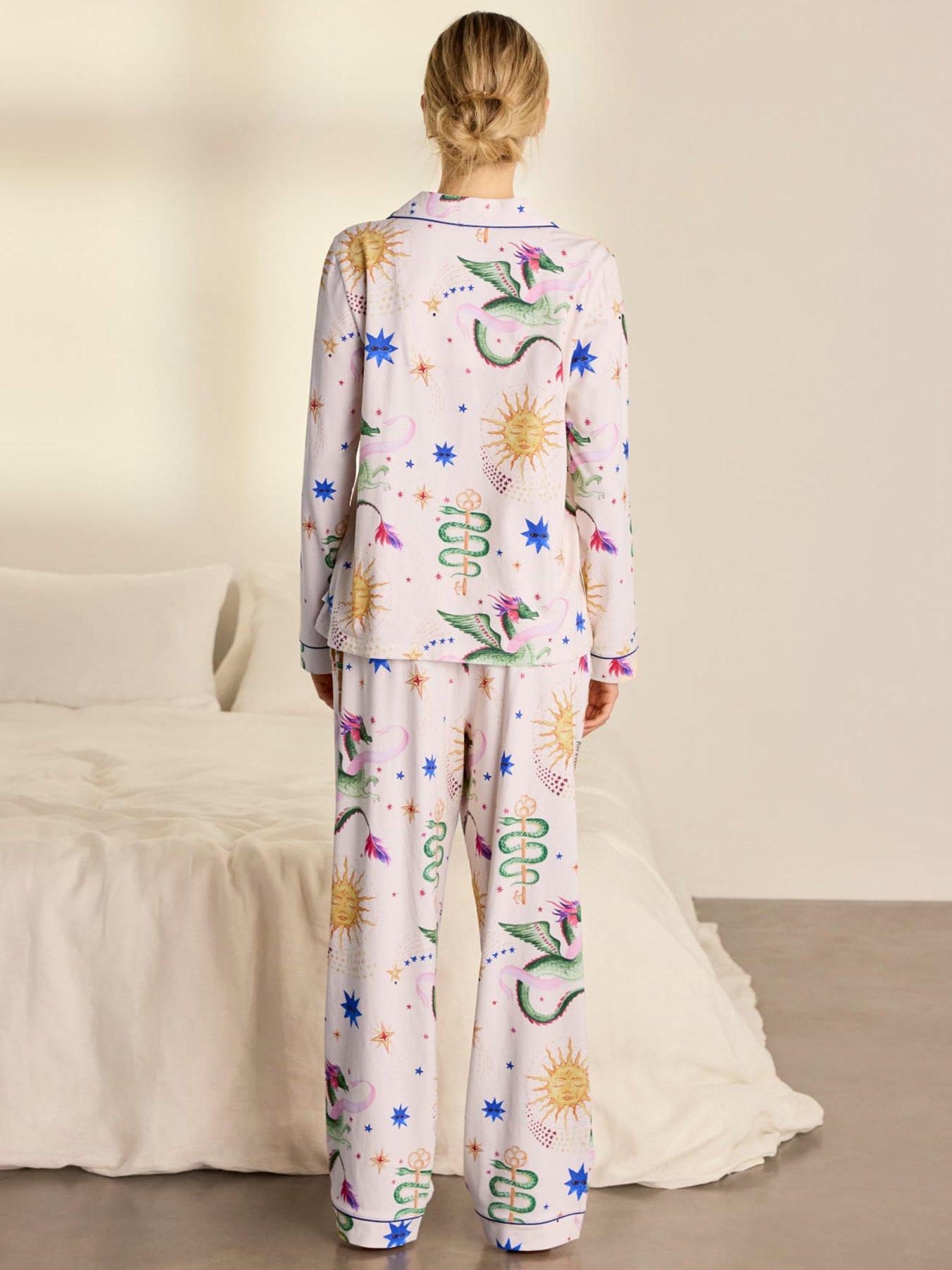 Image 2 of 6 of CHELSEA PEERS Cotton Mythical Dragon Print Long Pyjama Set - Off White