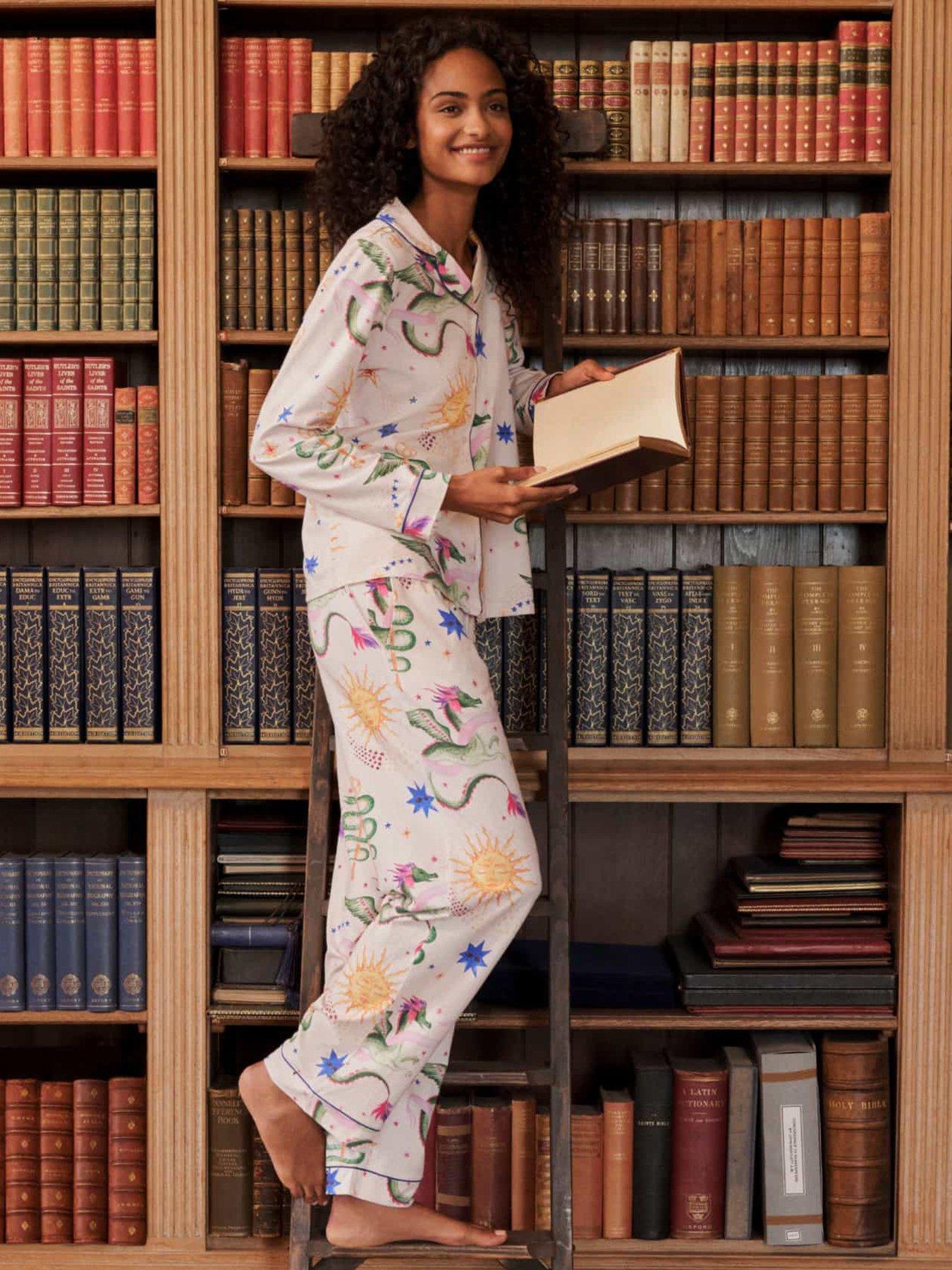 Image 3 of 6 of CHELSEA PEERS Cotton Mythical Dragon Print Long Pyjama Set - Off White