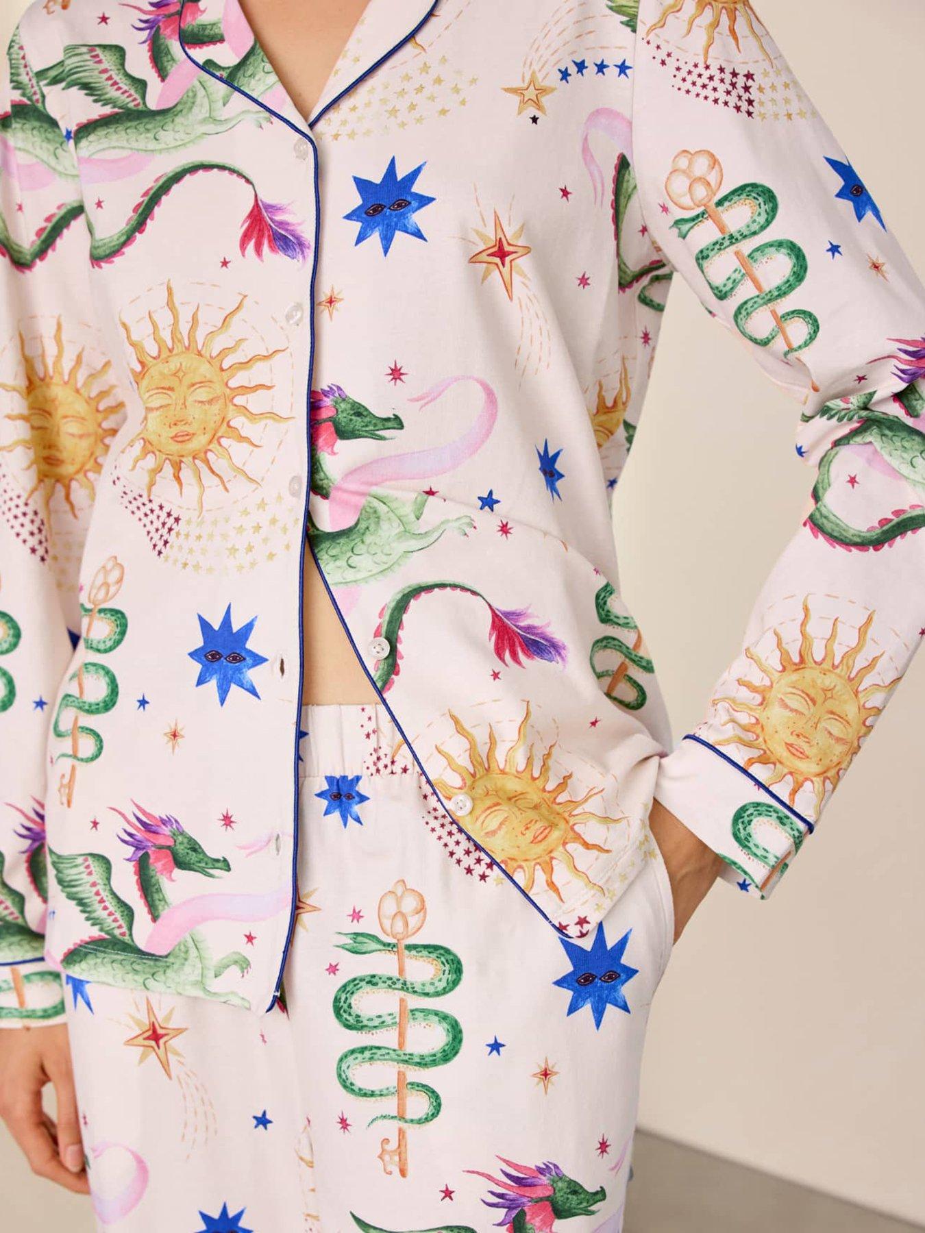 Image 4 of 6 of CHELSEA PEERS Cotton Mythical Dragon Print Long Pyjama Set - Off White