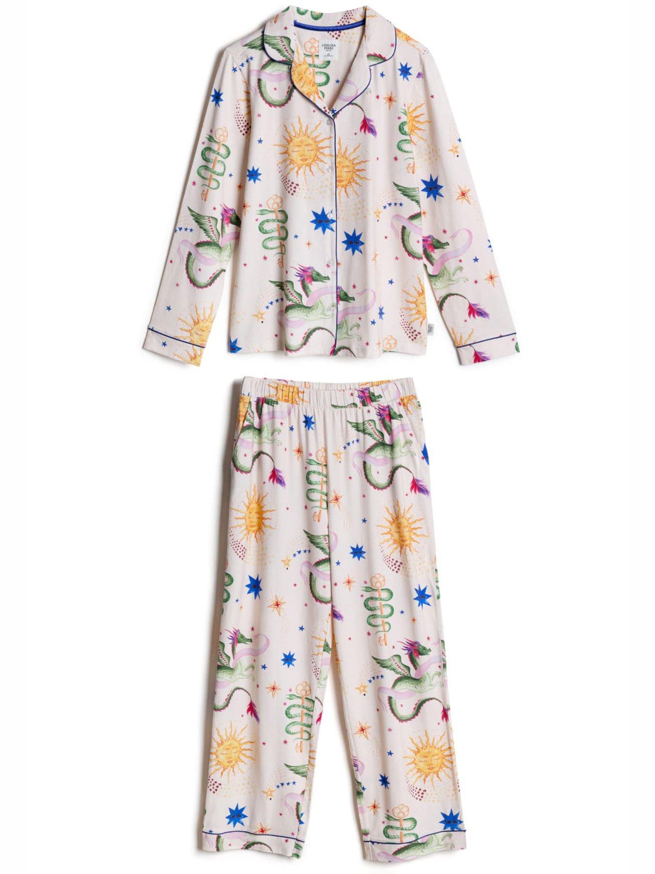 Image 5 of 6 of CHELSEA PEERS Cotton Mythical Dragon Print Long Pyjama Set - Off White