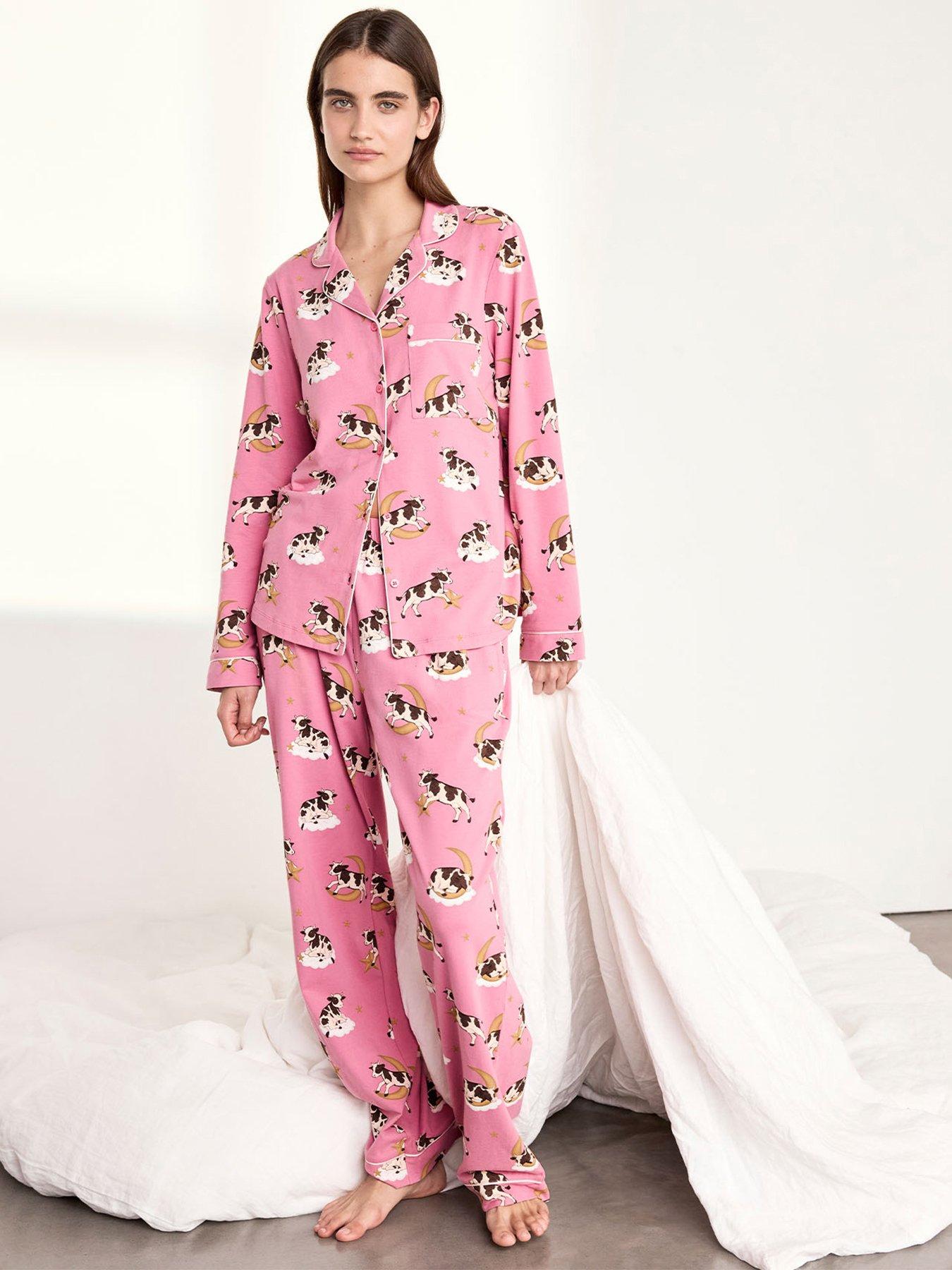 Image 1 of 6 of CHELSEA PEERS Cotton Cosmic Cow Print Long Pyjama Set - Pink