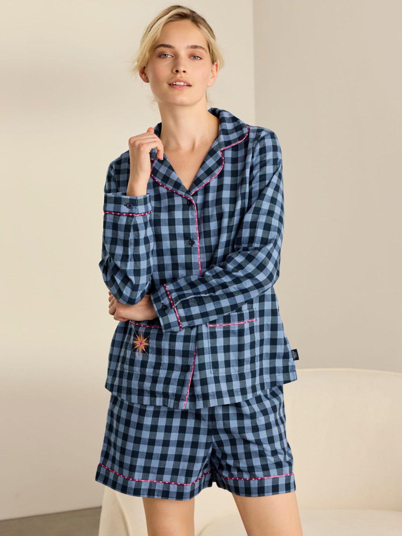 Image 1 of 6 of CHELSEA PEERS Cotton Embroidered Gingham Under Your Spell Print Short Pyjama Set - Navy