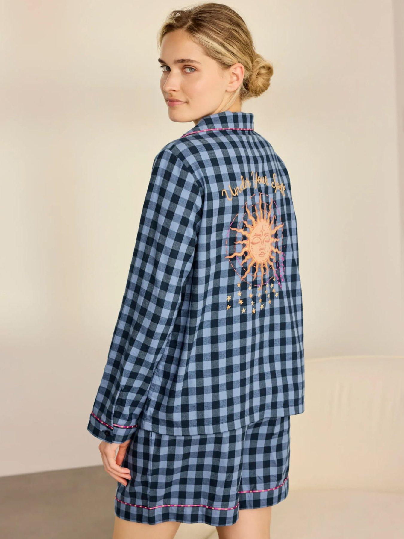 Image 2 of 6 of CHELSEA PEERS Cotton Embroidered Gingham Under Your Spell Print Short Pyjama Set - Navy