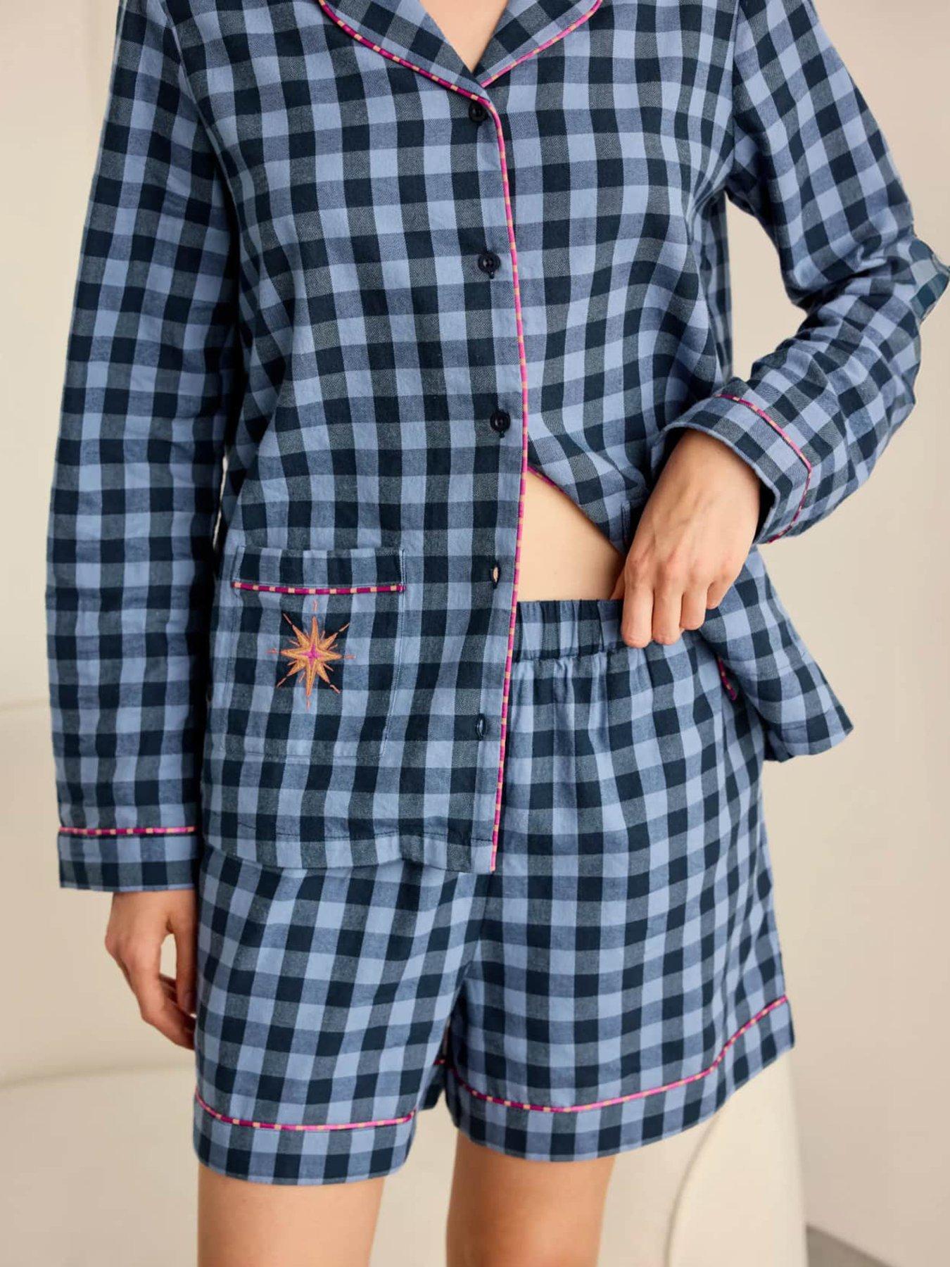 Image 3 of 6 of CHELSEA PEERS Cotton Embroidered Gingham Under Your Spell Print Short Pyjama Set - Navy