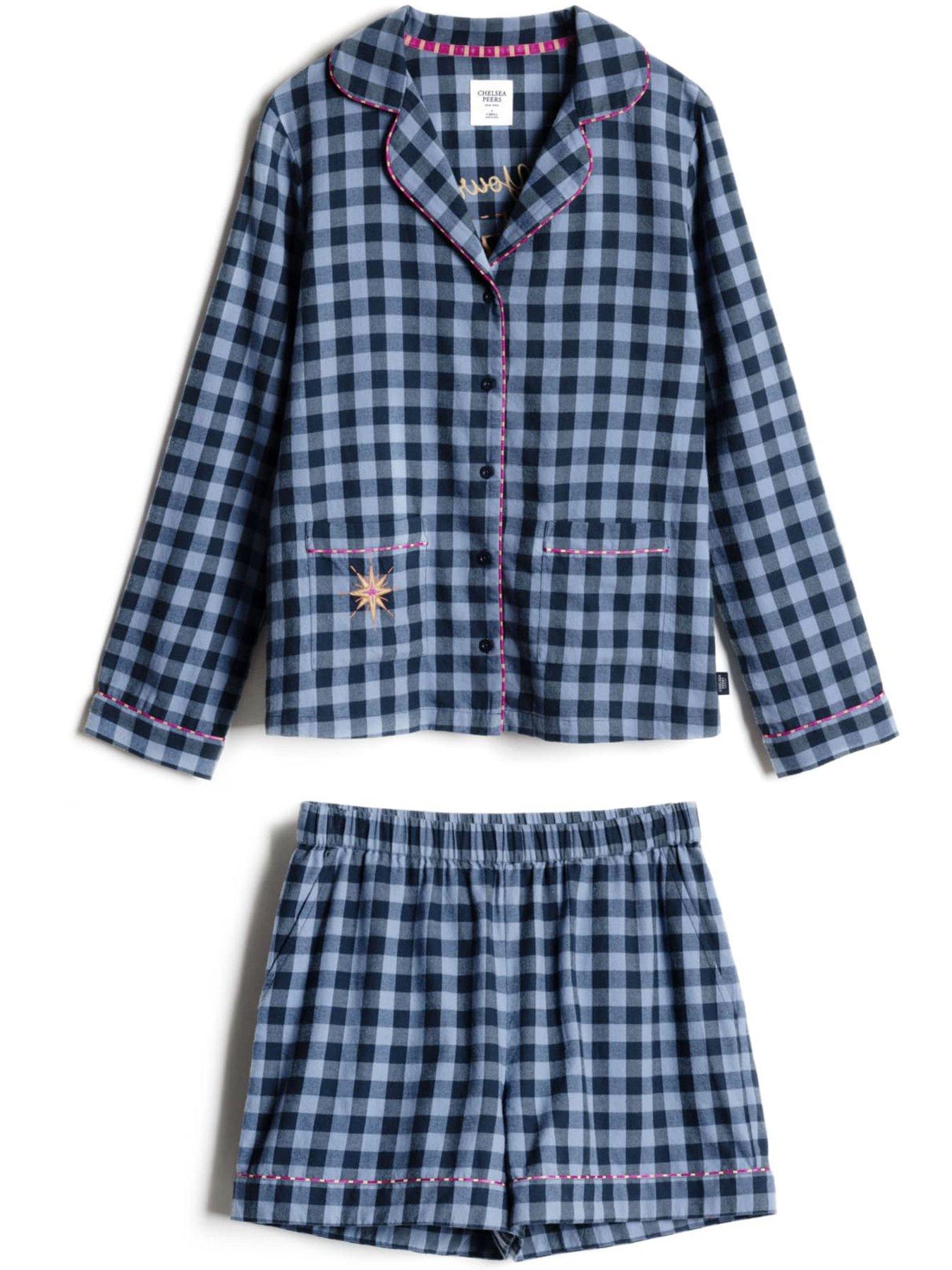 Image 4 of 6 of CHELSEA PEERS Cotton Embroidered Gingham Under Your Spell Print Short Pyjama Set - Navy