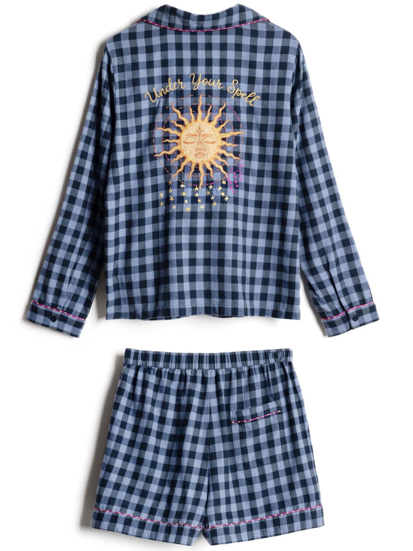 Image 5 of 6 of CHELSEA PEERS Cotton Embroidered Gingham Under Your Spell Print Short Pyjama Set - Navy