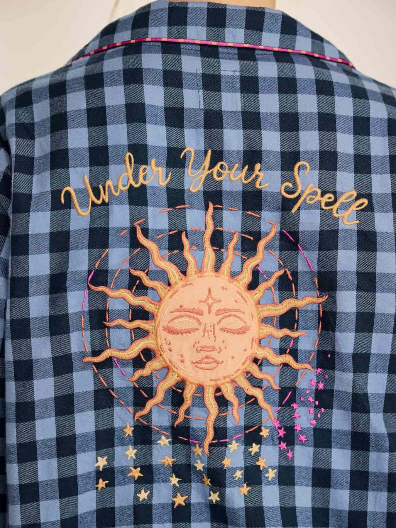 Image 6 of 6 of CHELSEA PEERS Cotton Embroidered Gingham Under Your Spell Print Short Pyjama Set - Navy