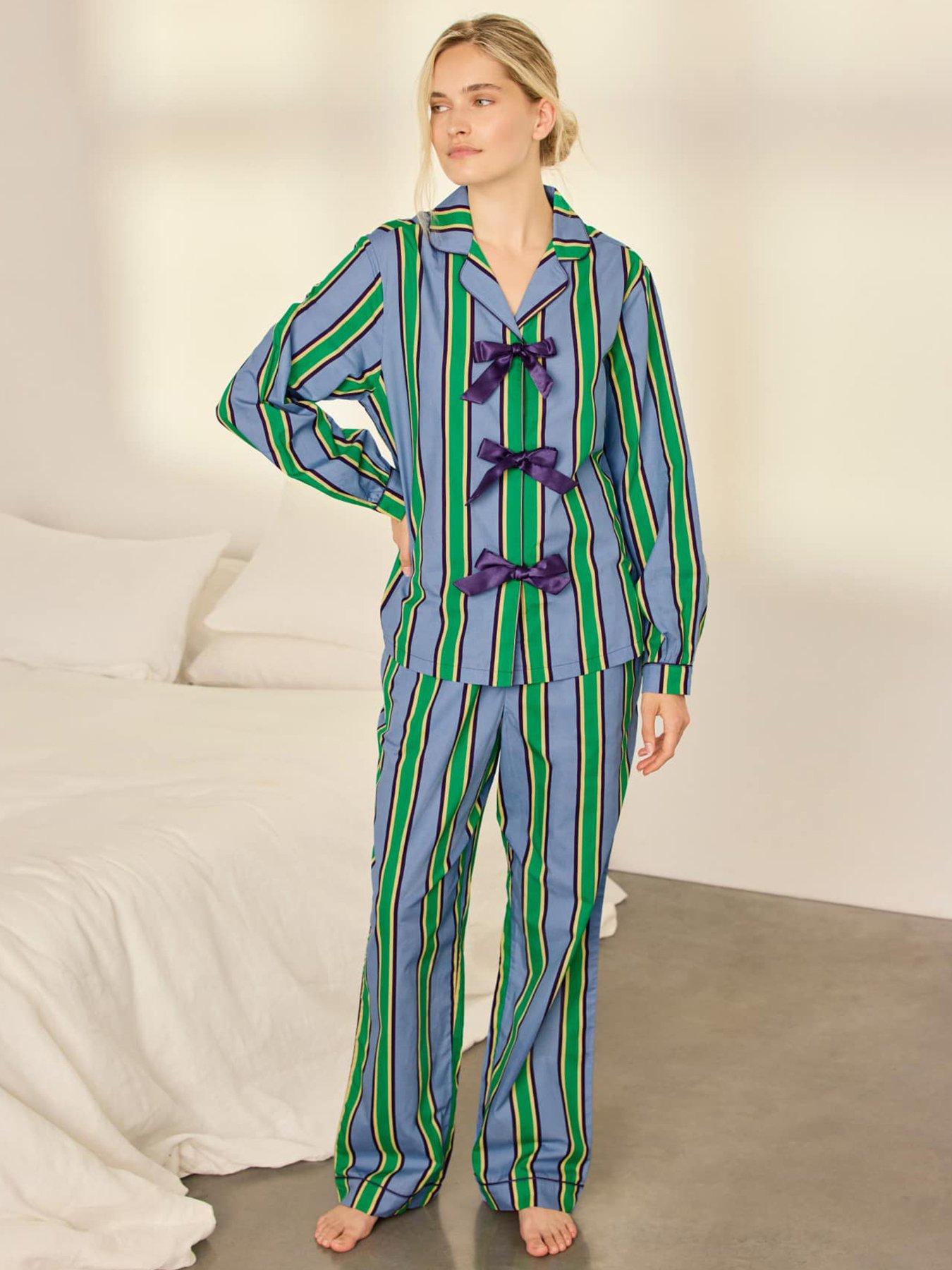 Image 1 of 6 of CHELSEA PEERS Cotton Jewel Stripe Button Up Long Pyjama Set - Multi
