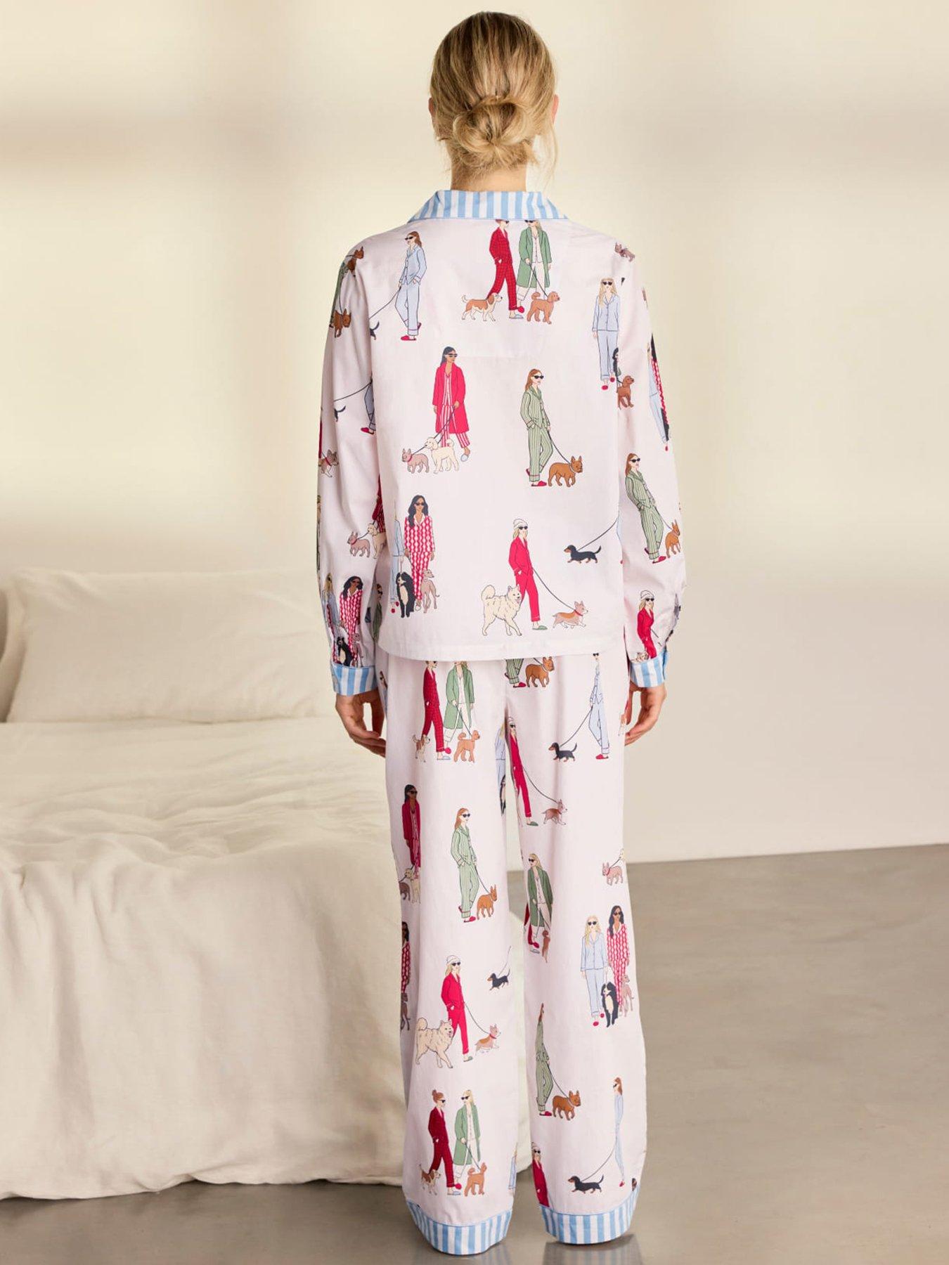 Image 2 of 6 of CHELSEA PEERS Cotton Dog Walking Print Long Pyjama Set - White