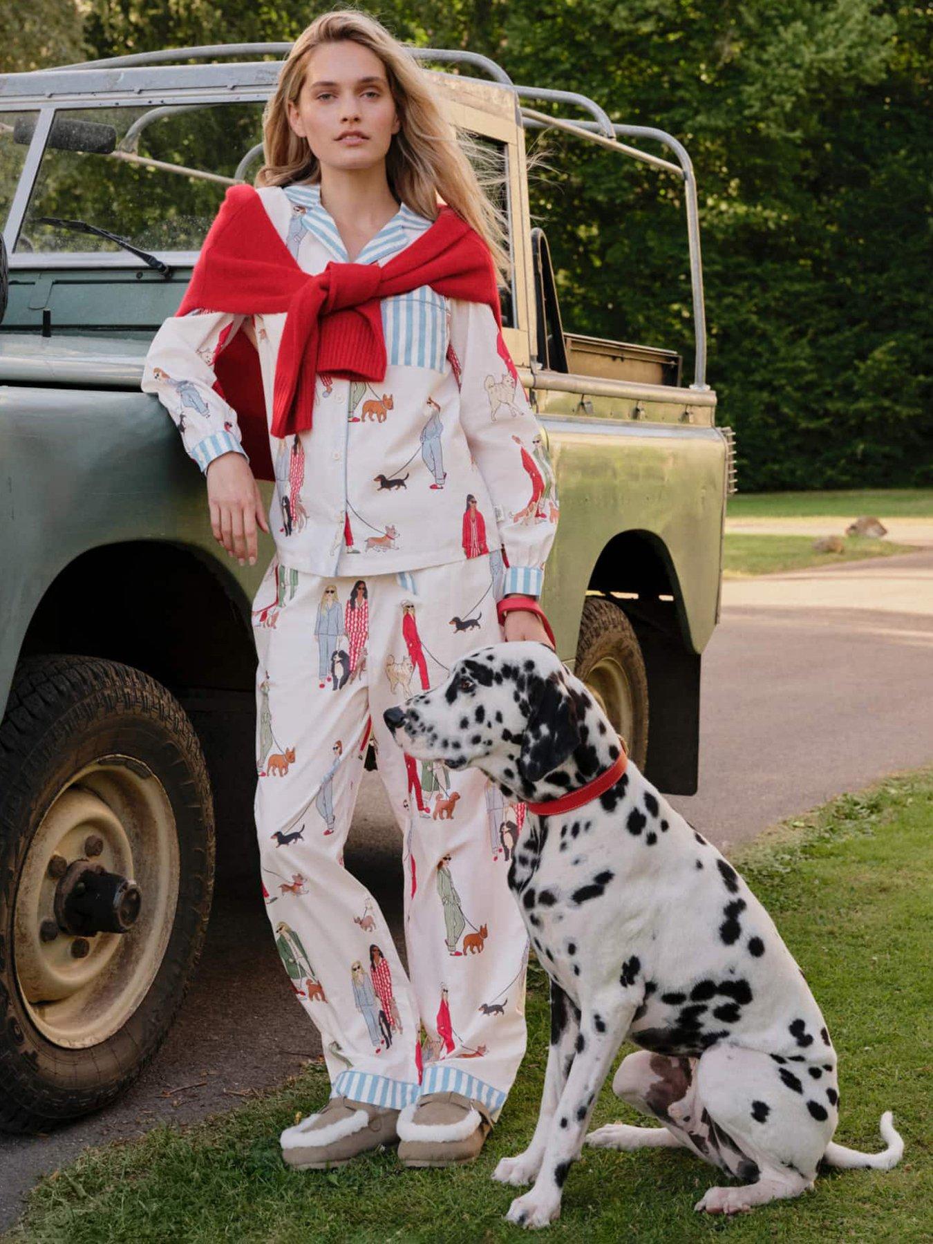 Image 3 of 6 of CHELSEA PEERS Cotton Dog Walking Print Long Pyjama Set - White