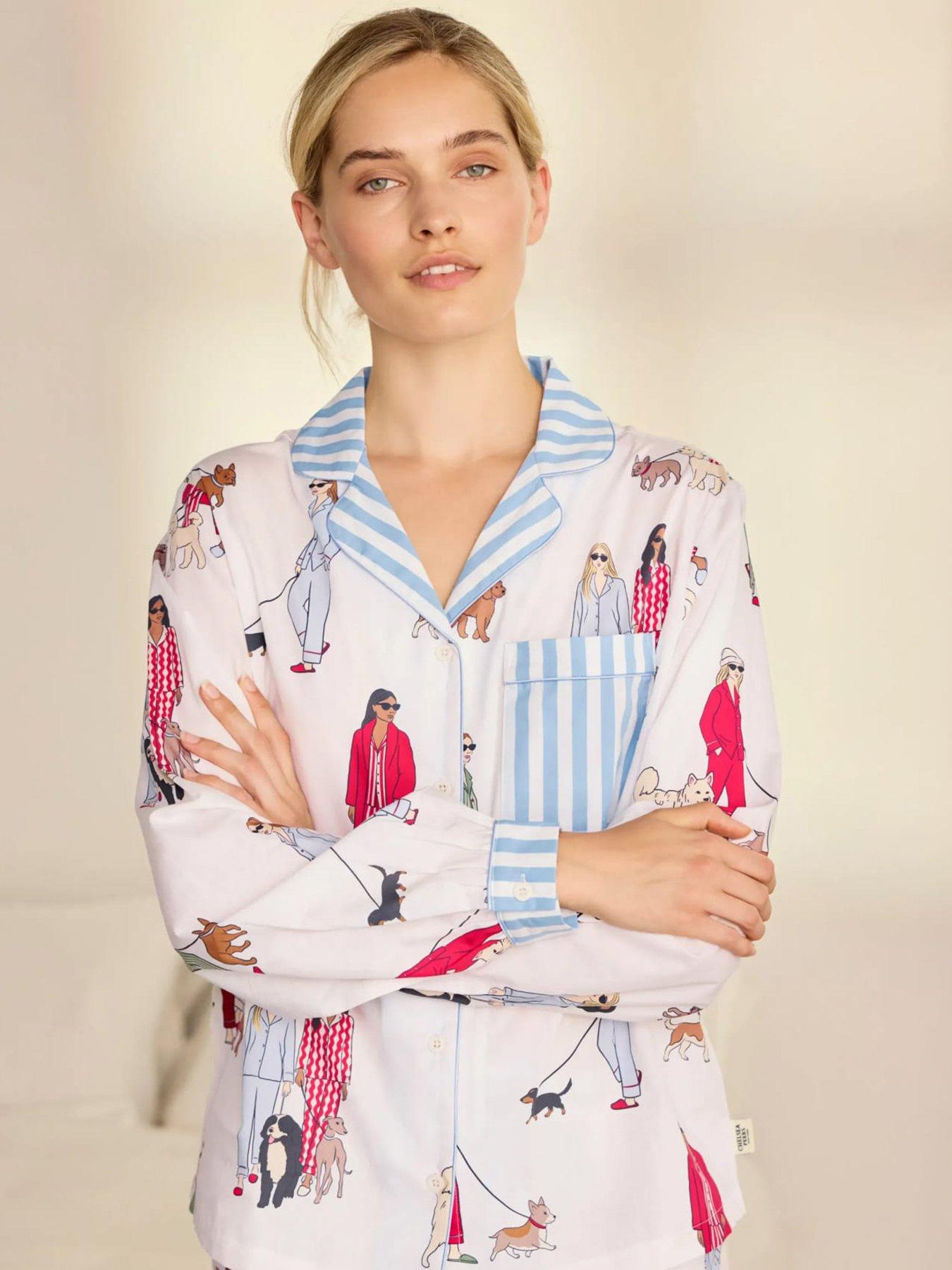 Image 4 of 6 of CHELSEA PEERS Cotton Dog Walking Print Long Pyjama Set - White