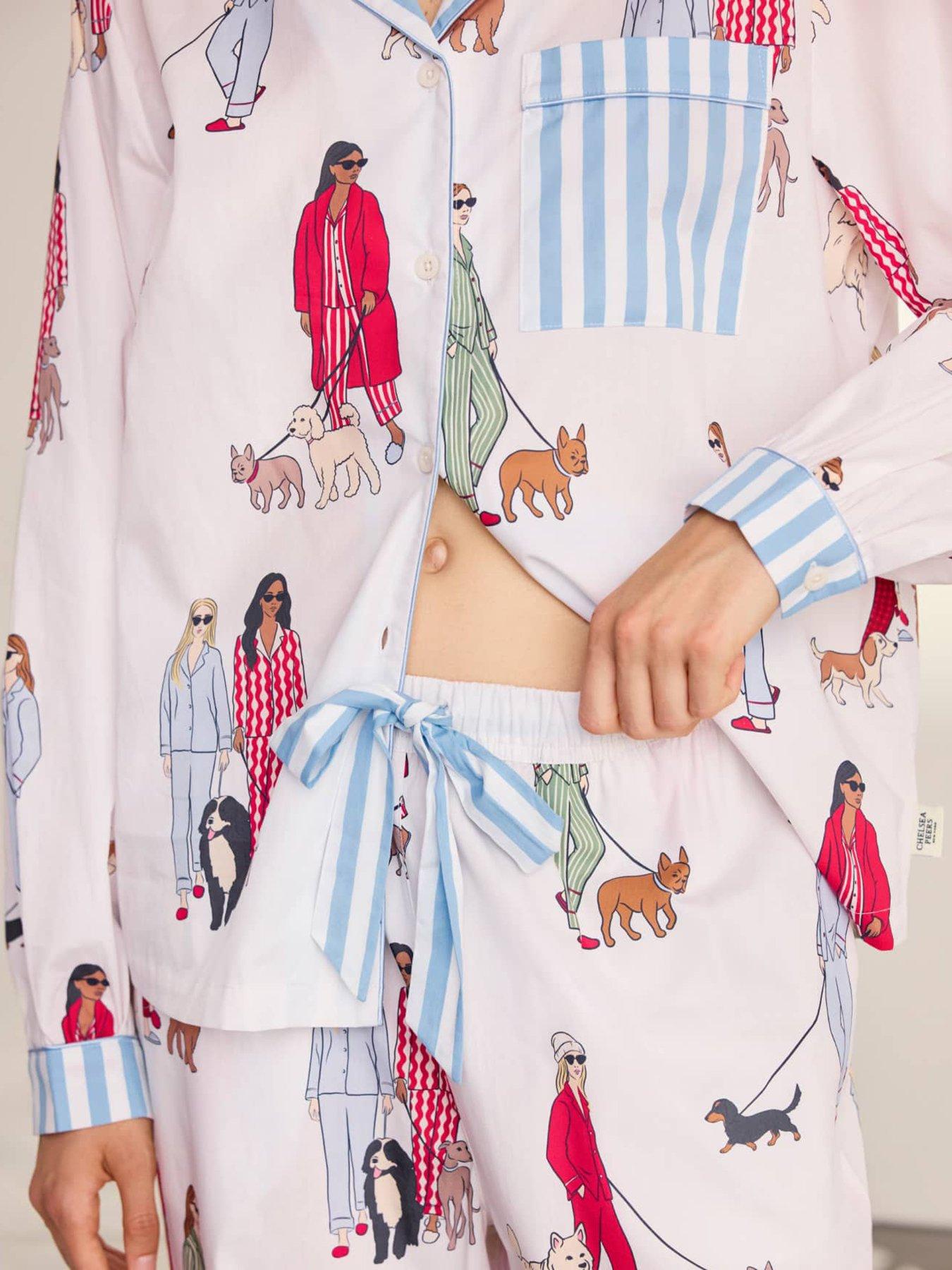 Image 5 of 6 of CHELSEA PEERS Cotton Dog Walking Print Long Pyjama Set - White