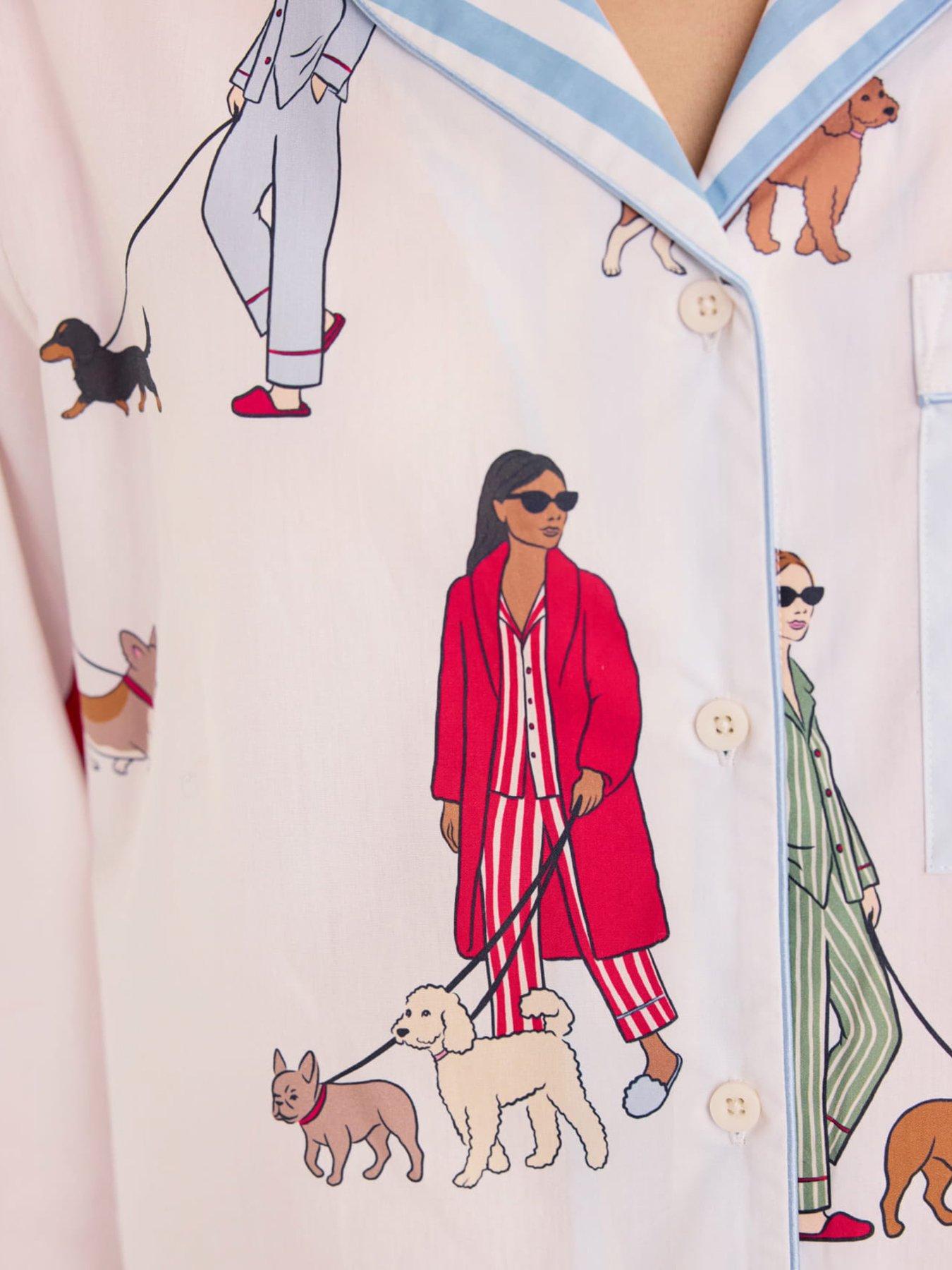Image 6 of 6 of CHELSEA PEERS Cotton Dog Walking Print Long Pyjama Set - White