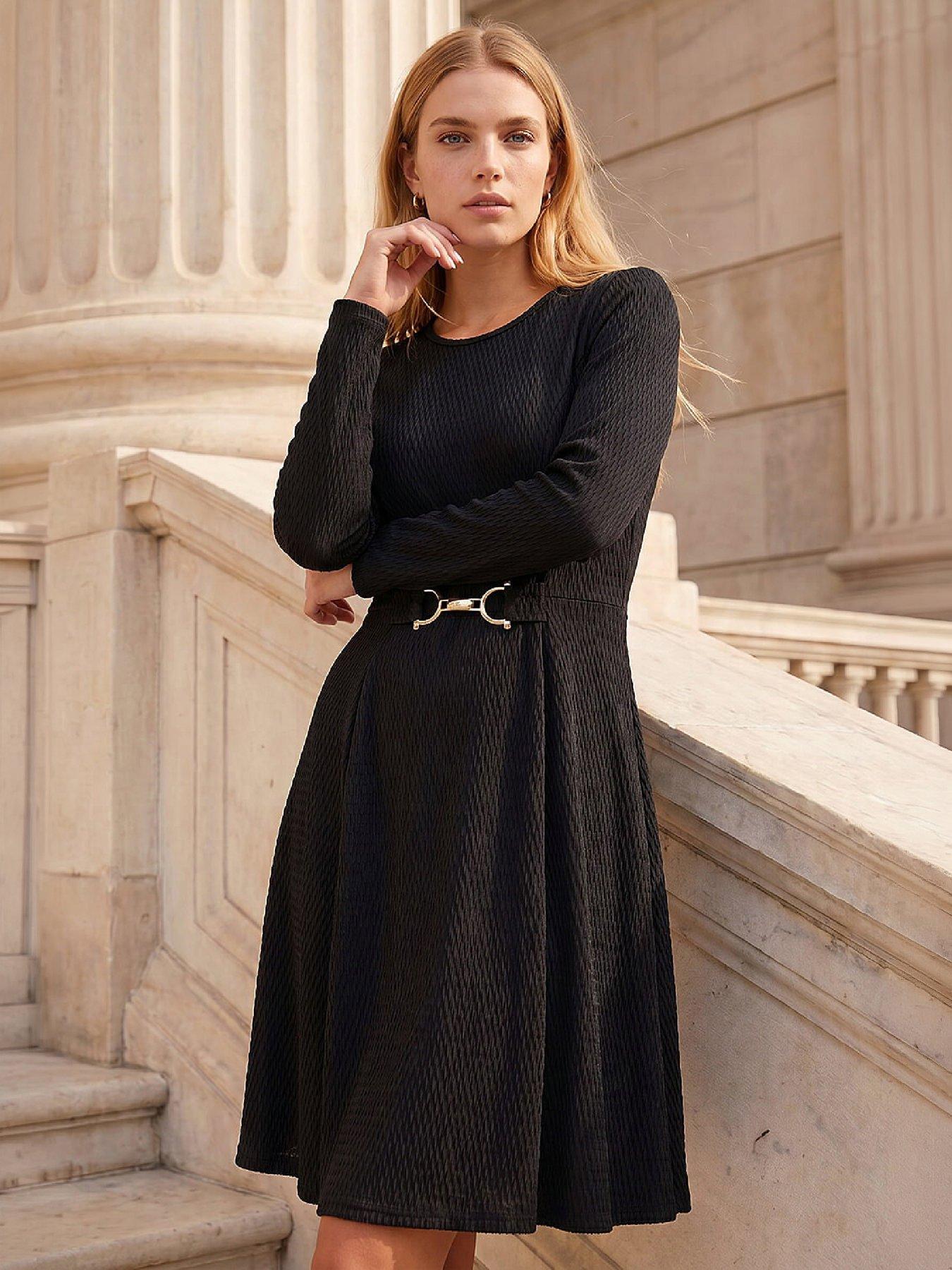 Roman Textured Trim Detail Dress, Black, Size 12, Women