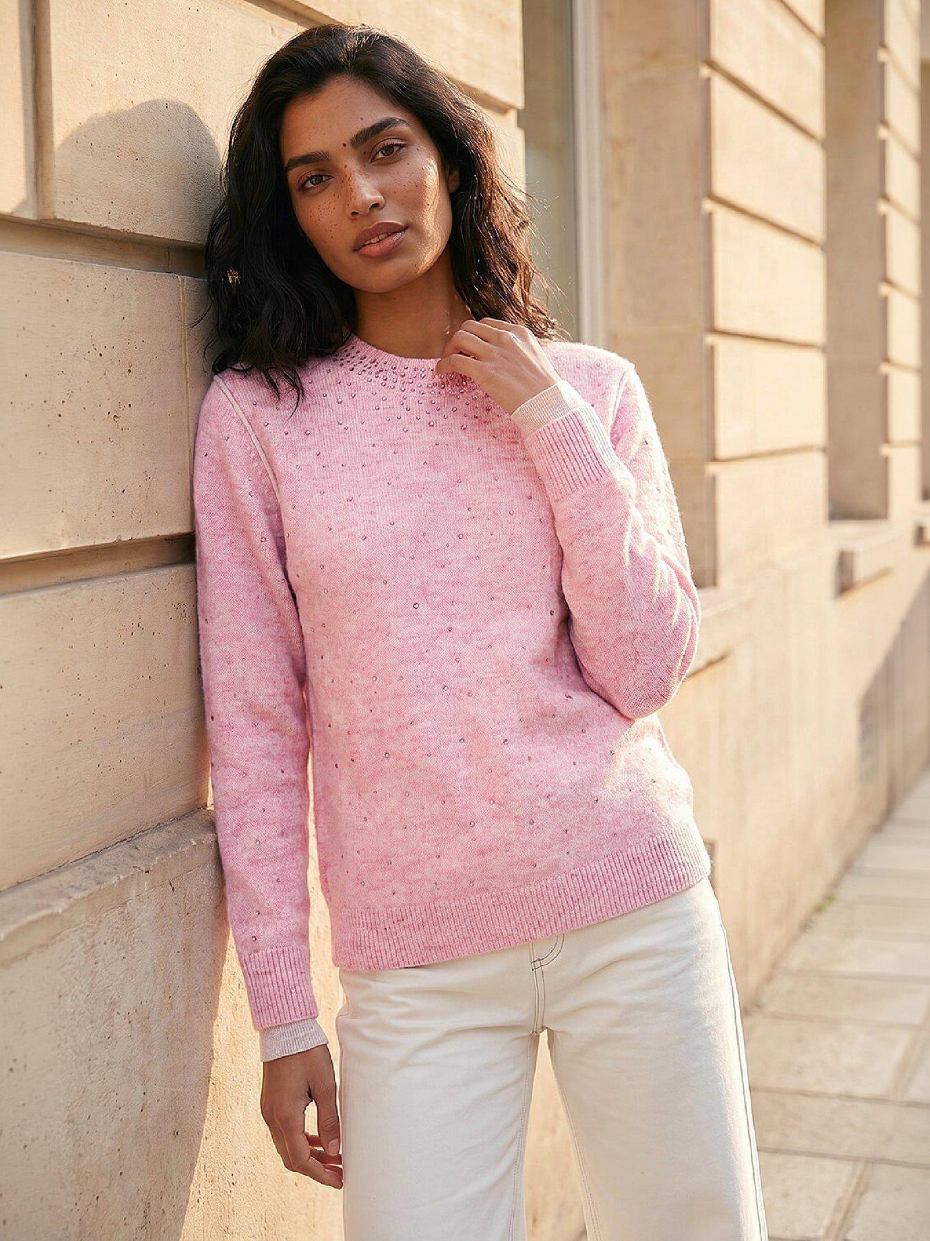 Roman Women's Light Pink Embellished Knit Jumper Size 16 - Image 2