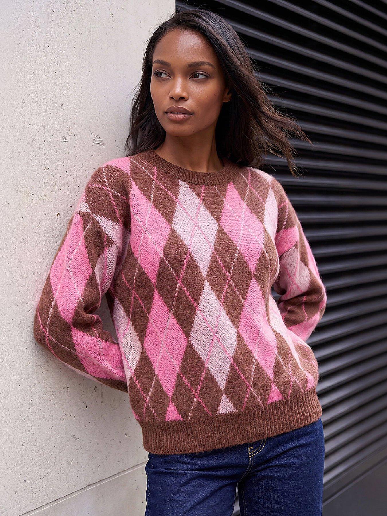 Roman Women's Pink Soft Knit Argyle Jumper In Size 14 - Image 6