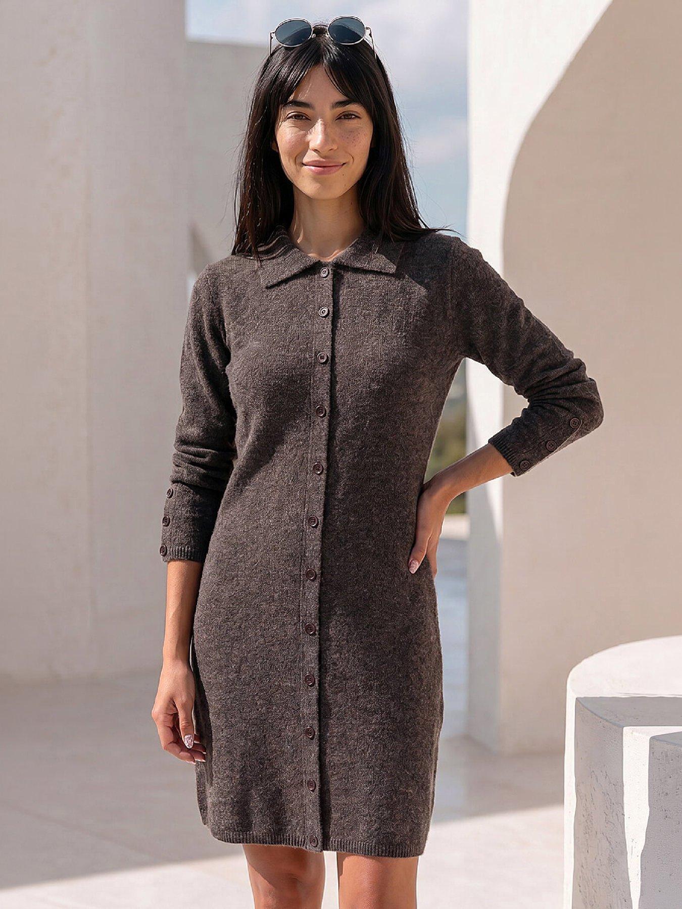 petite knitted dresses uk Roman Button Collar Knit Dress bodycon knitted dress