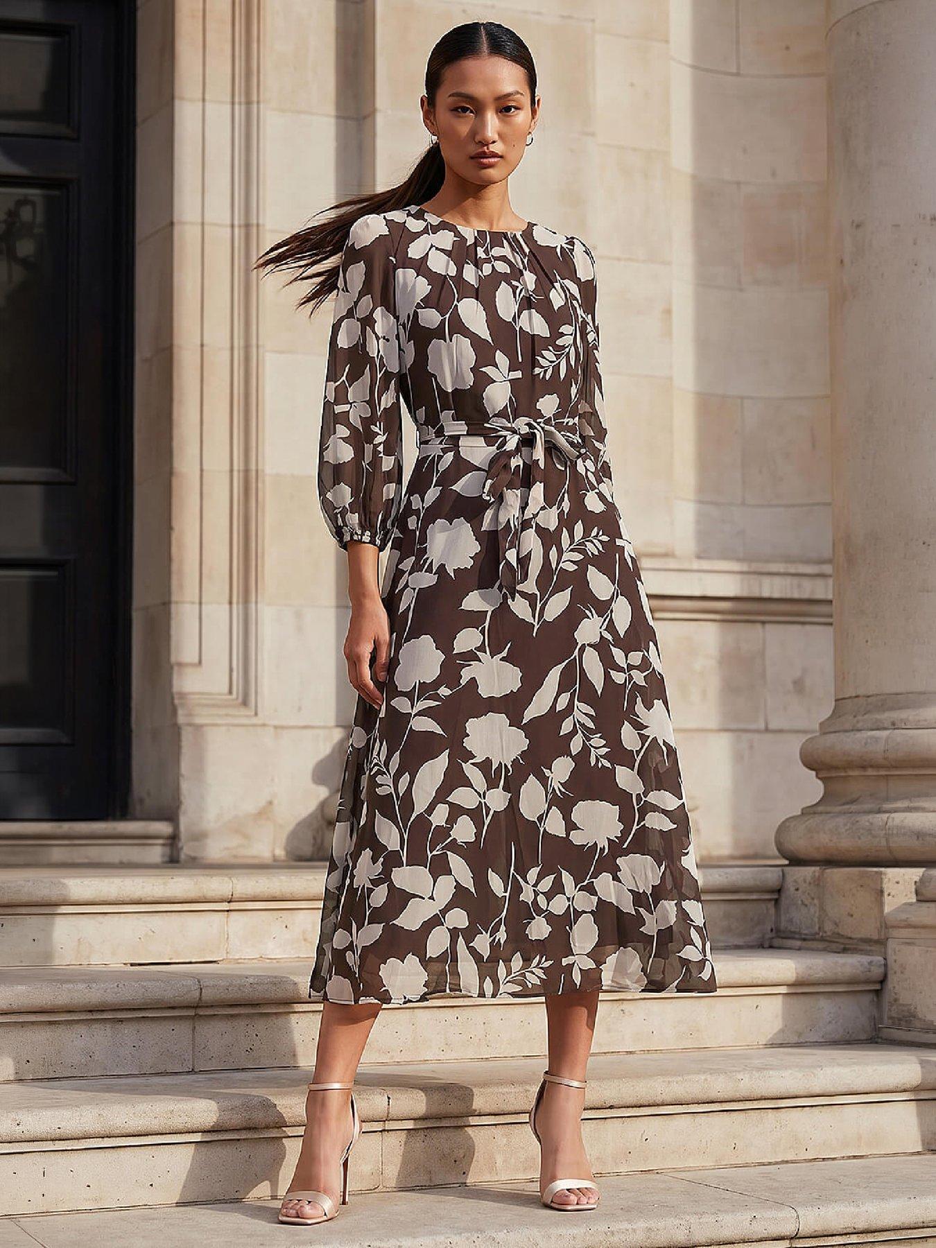 Roman Floral Pleated Midi Dress, Brown, Size 12, Women