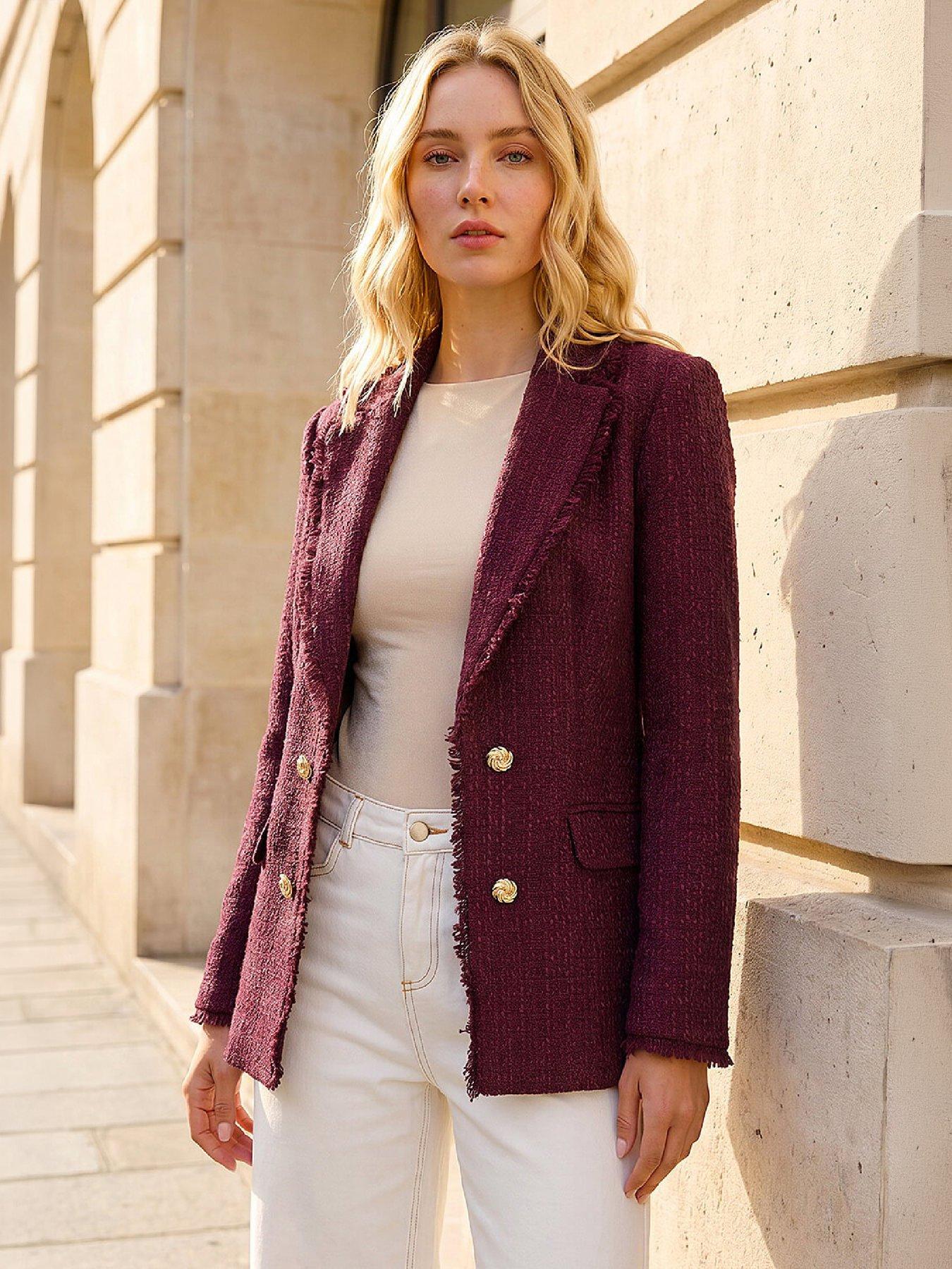 Roman Women's Burgundy Fray Mid Boucle Jacket In | : Size 10 - Image 2