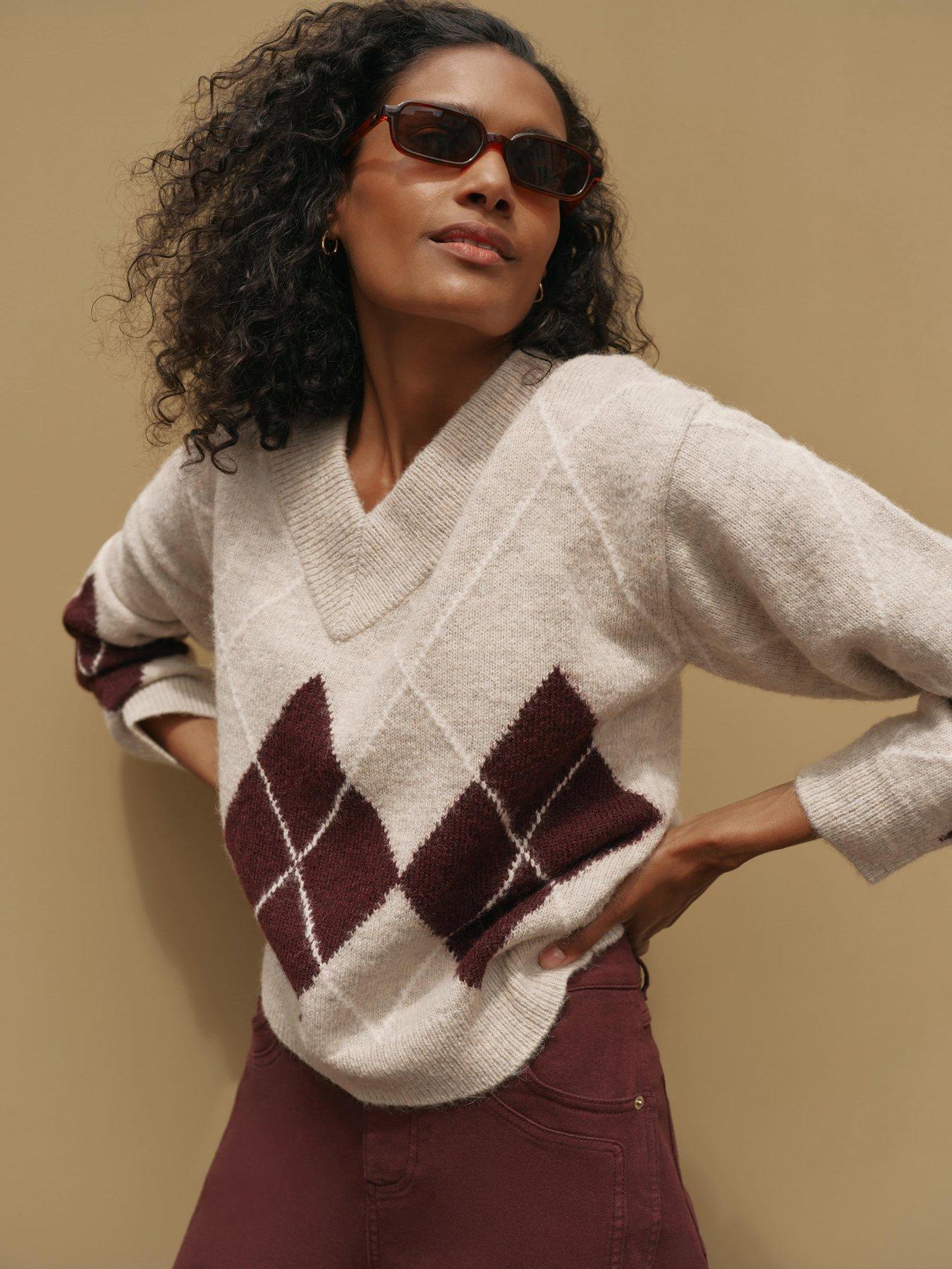 Image 1 of 6 of Mint Velvet Neutral Argyle V Neck Jumper
