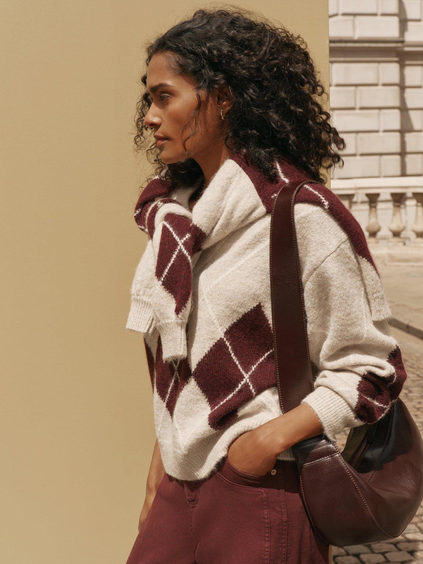 Image 2 of 6 of Mint Velvet Neutral Argyle V Neck Jumper