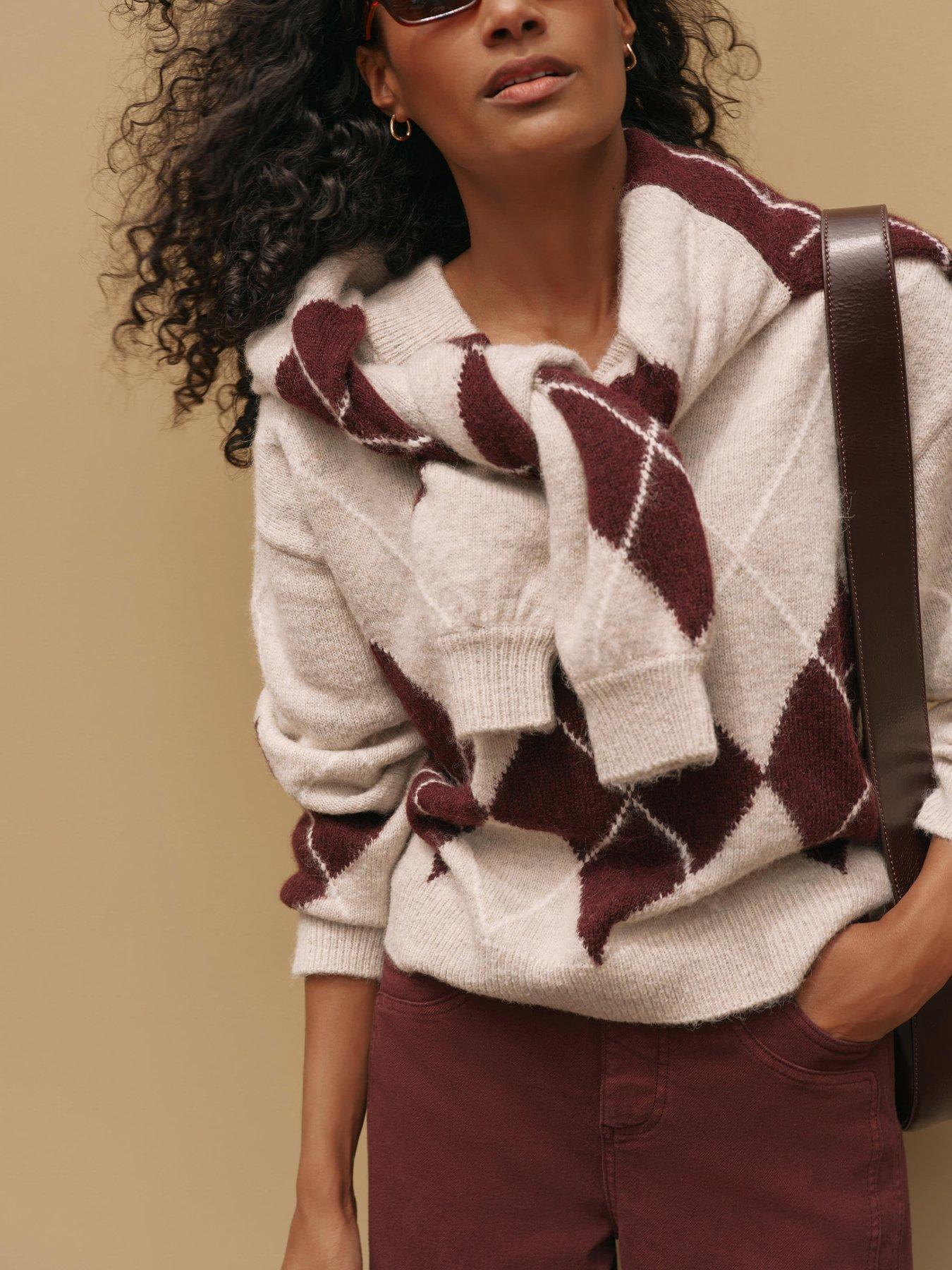 Image 3 of 6 of Mint Velvet Neutral Argyle V Neck Jumper
