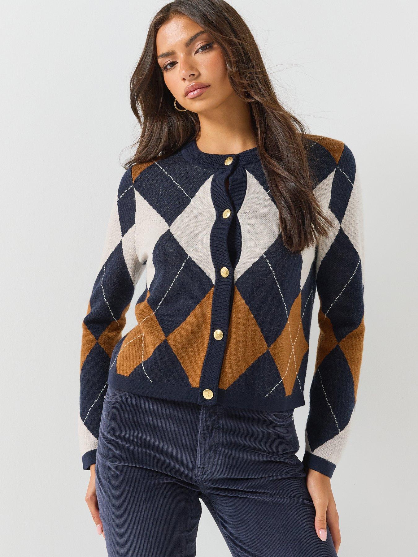 GANT Womens Argyle Crew Neck Knitted Cardigan, Blue, Size Xs, Women
