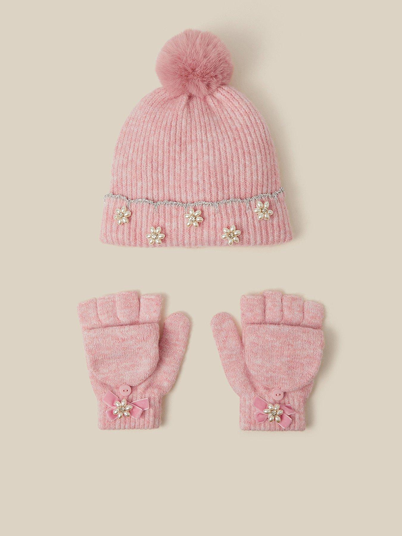 Image 1 of 3 of Monsoon Girls Scallop Flip-Top Hat &amp; Gloves Set - Pink