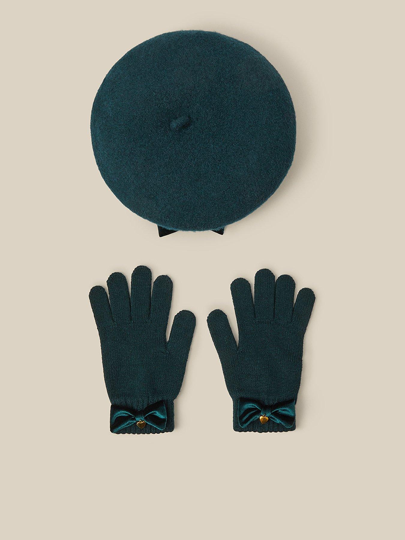 Image 1 of 3 of Monsoon Girls Velvet Bow Beret &amp; Glove Set - Green