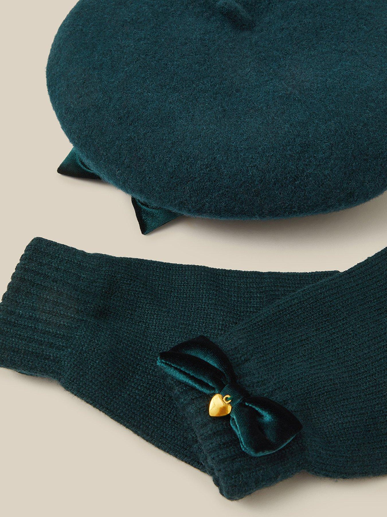 Image 3 of 3 of Monsoon Girls Velvet Bow Beret &amp; Glove Set - Green