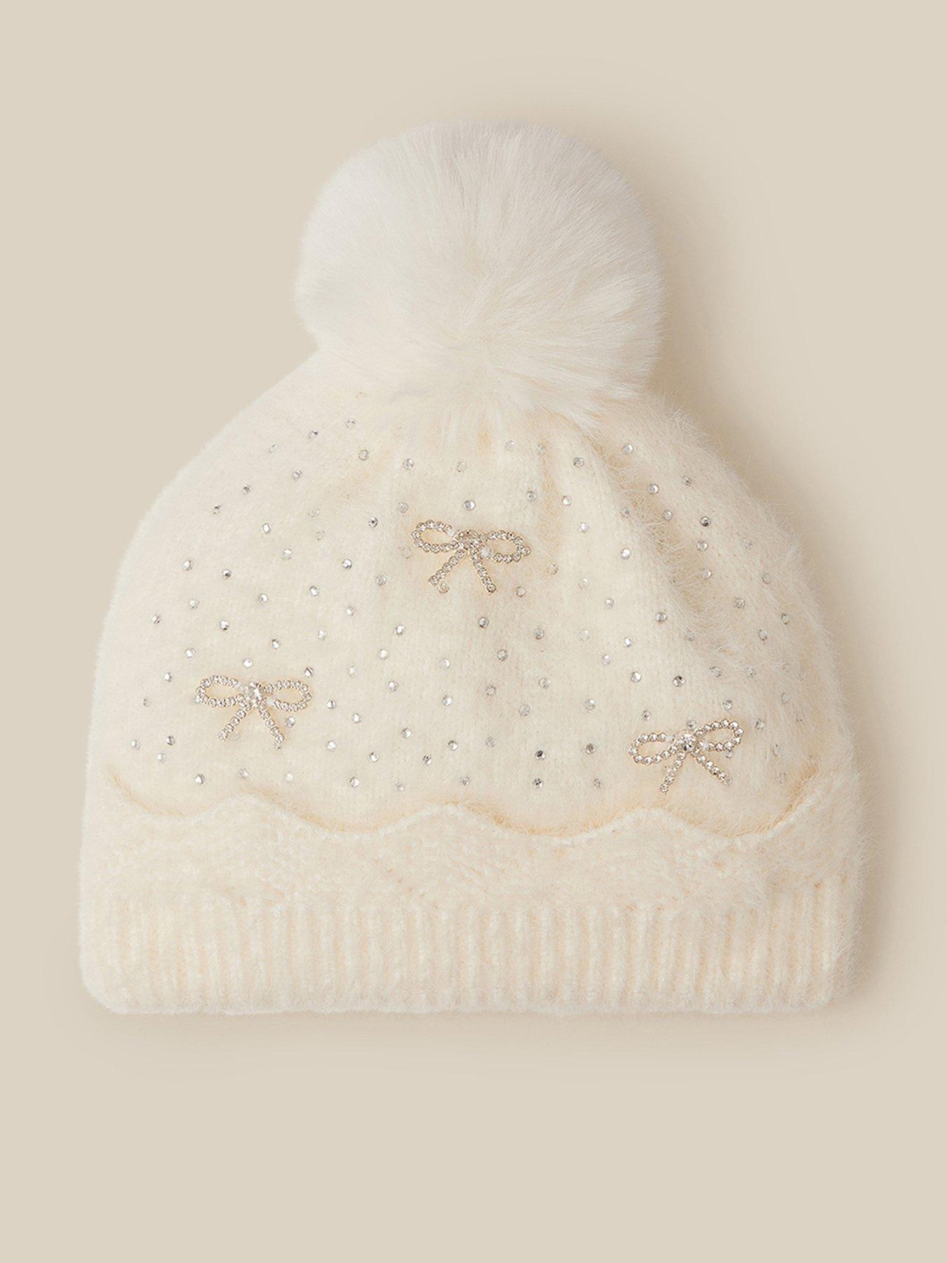 Image 1 of 3 of Monsoon Girls Pearly Diamante Pom Pom Hat - Light Cream