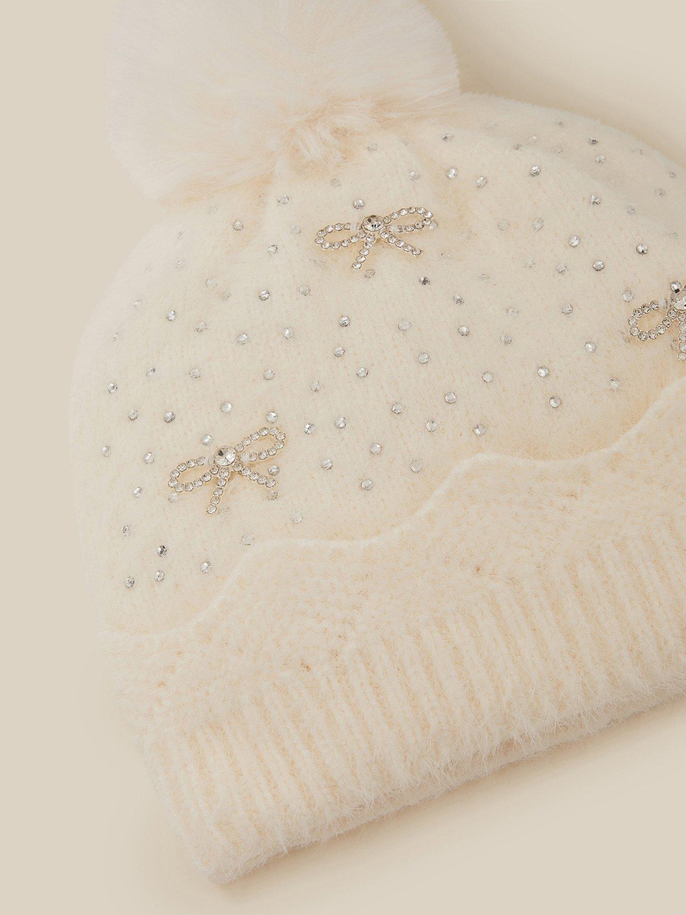 Image 3 of 3 of Monsoon Girls Pearly Diamante Pom Pom Hat - Light Cream