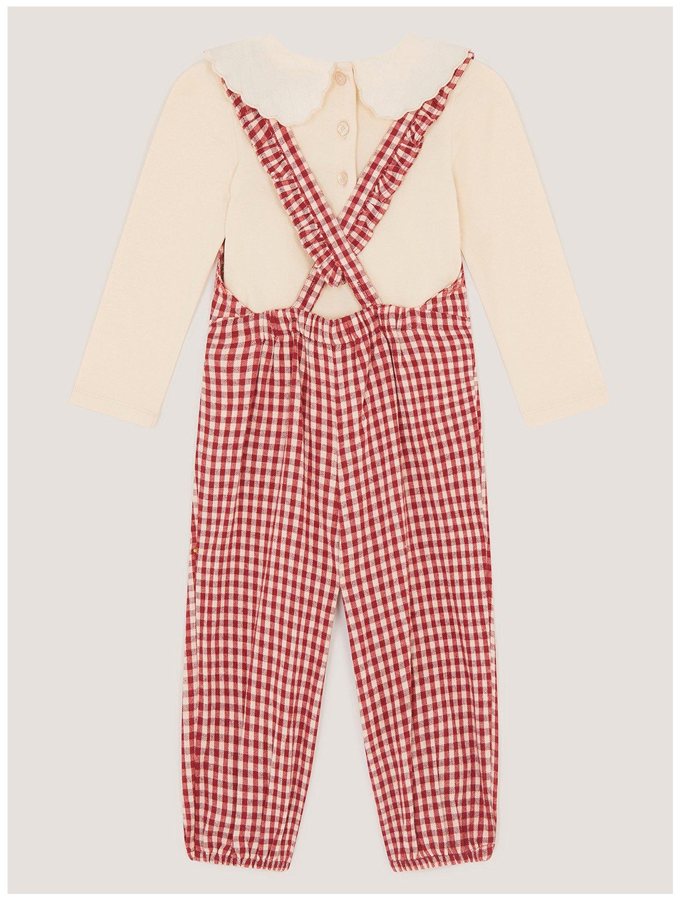 Image 2 of 3 of Monsoon Baby Girls Gingham Embroidered Scalloped Collar Dungaree Set - Red