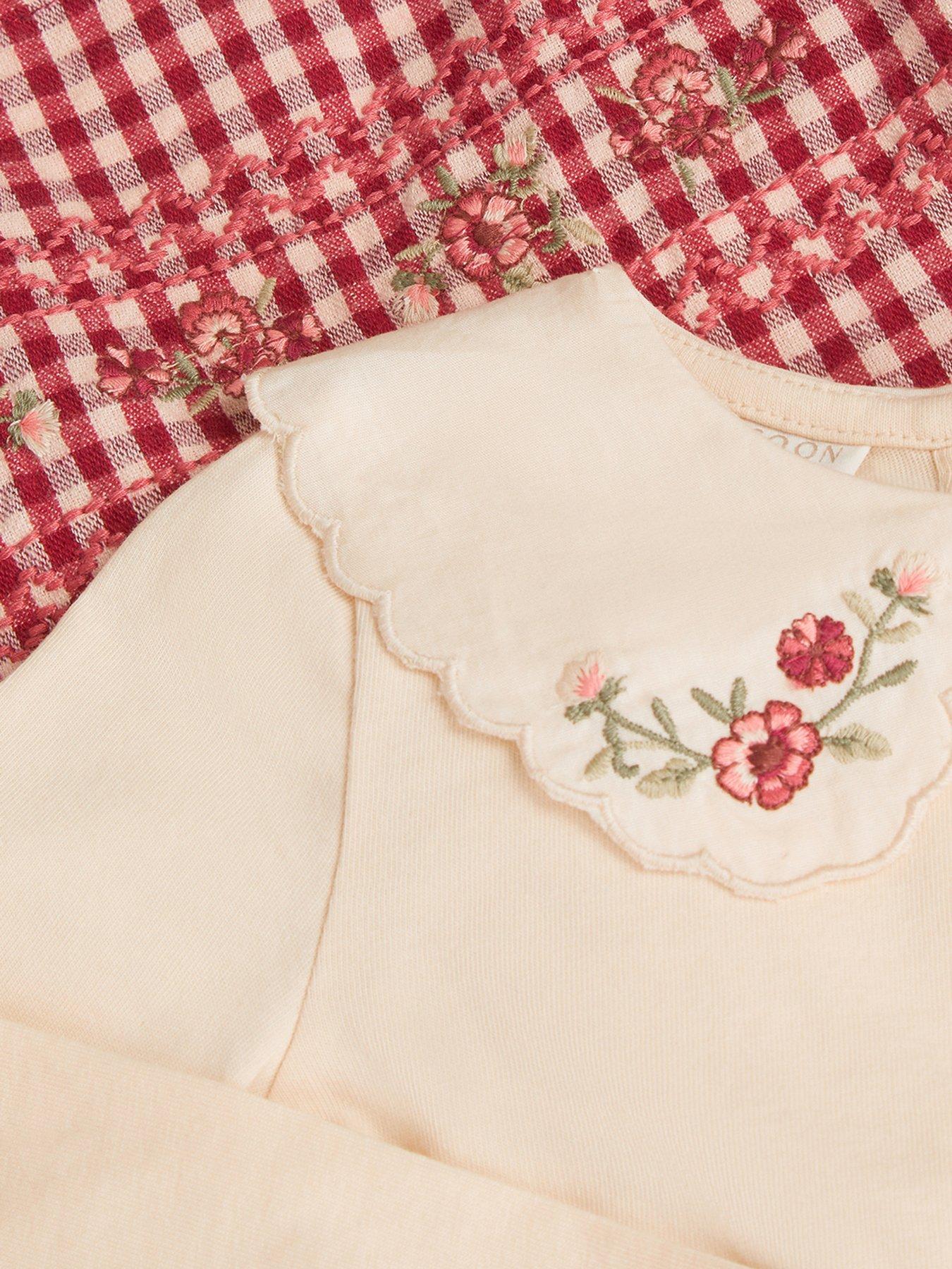 Image 3 of 3 of Monsoon Baby Girls Gingham Embroidered Scalloped Collar Dungaree Set - Red