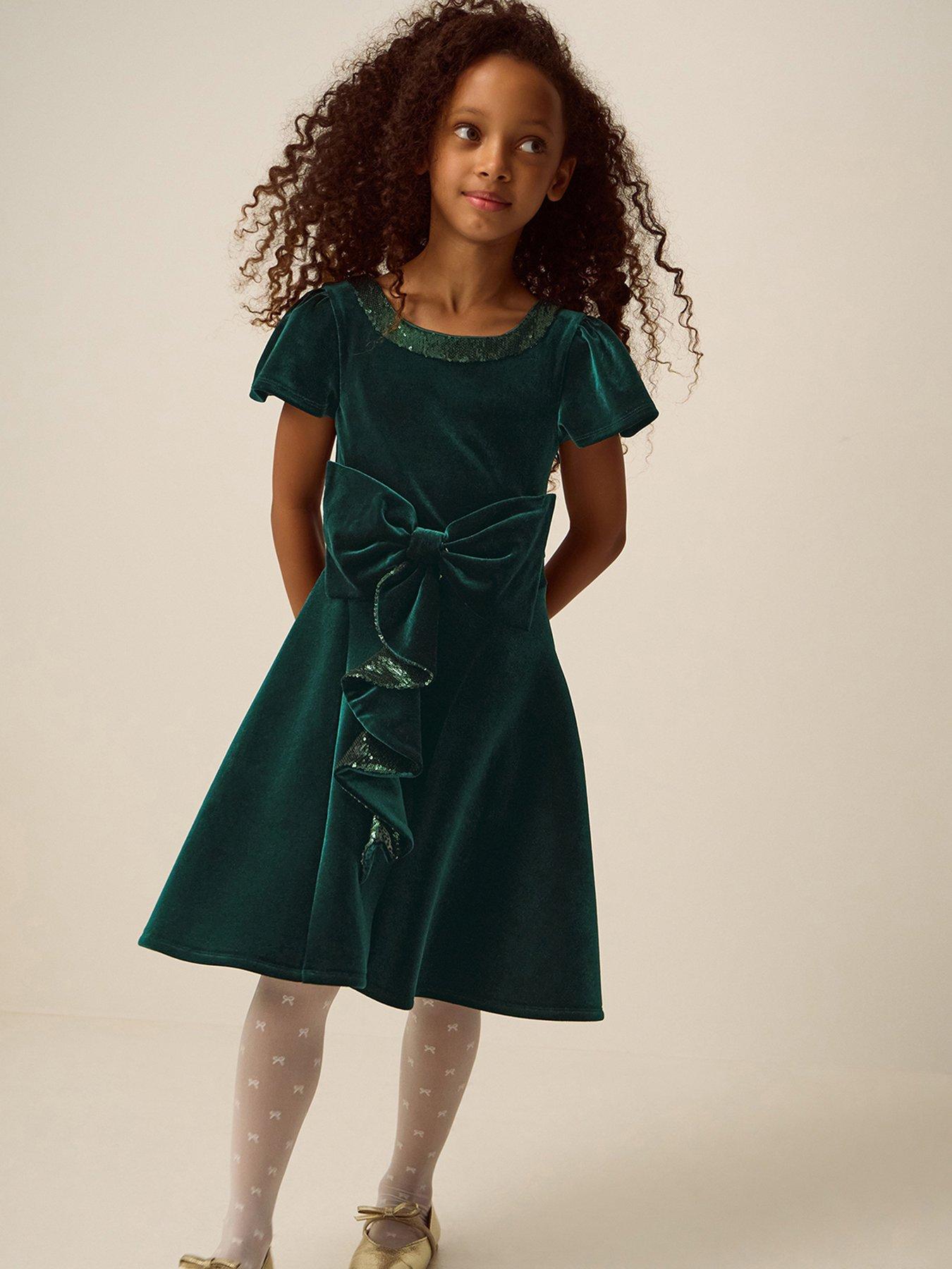 Image 1 of 4 of Monsoon Girls Genevieve Velvet Bow Sequin Trim Dress - Green
