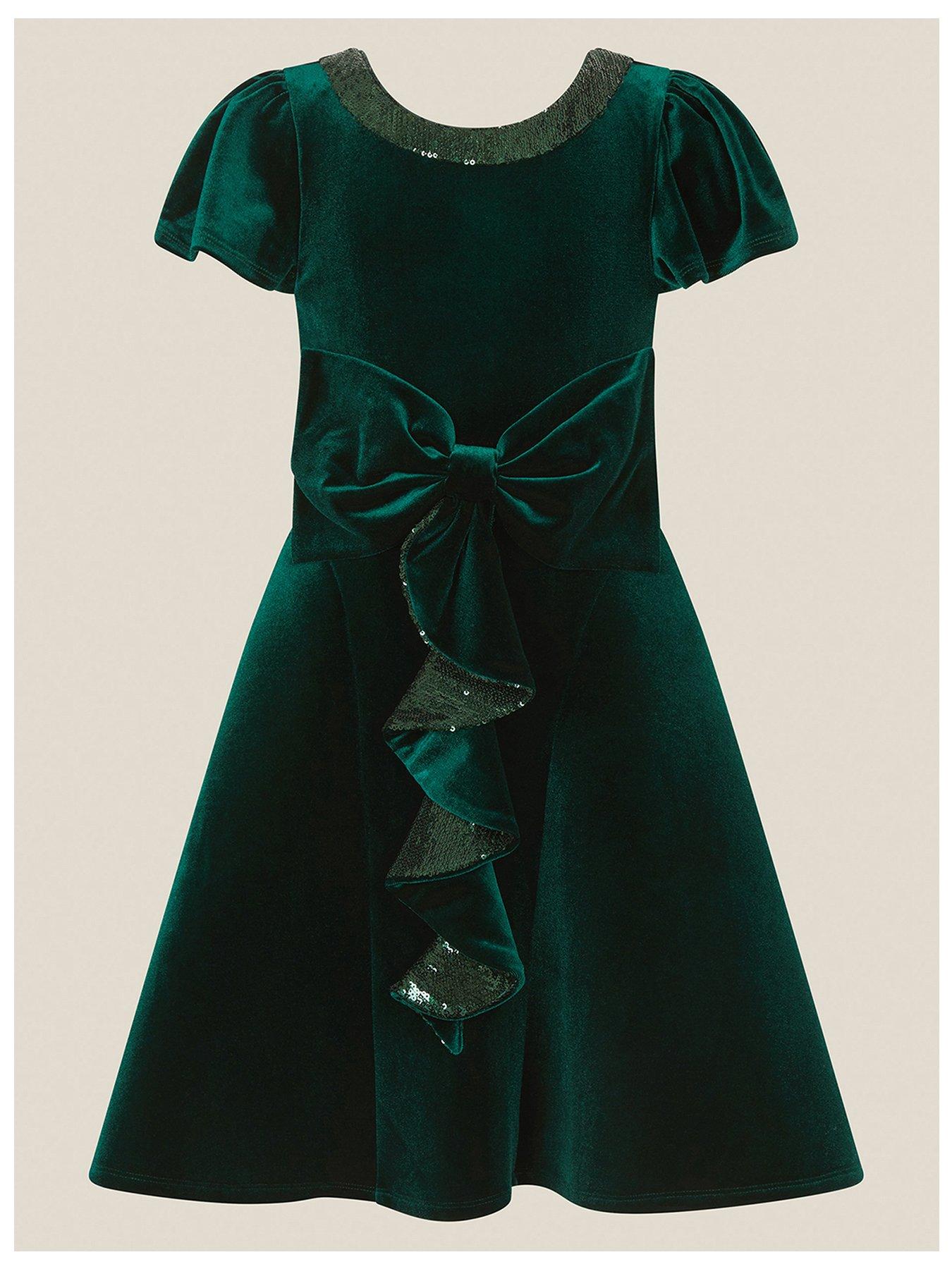 Image 2 of 4 of Monsoon Girls Genevieve Velvet Bow Sequin Trim Dress - Green