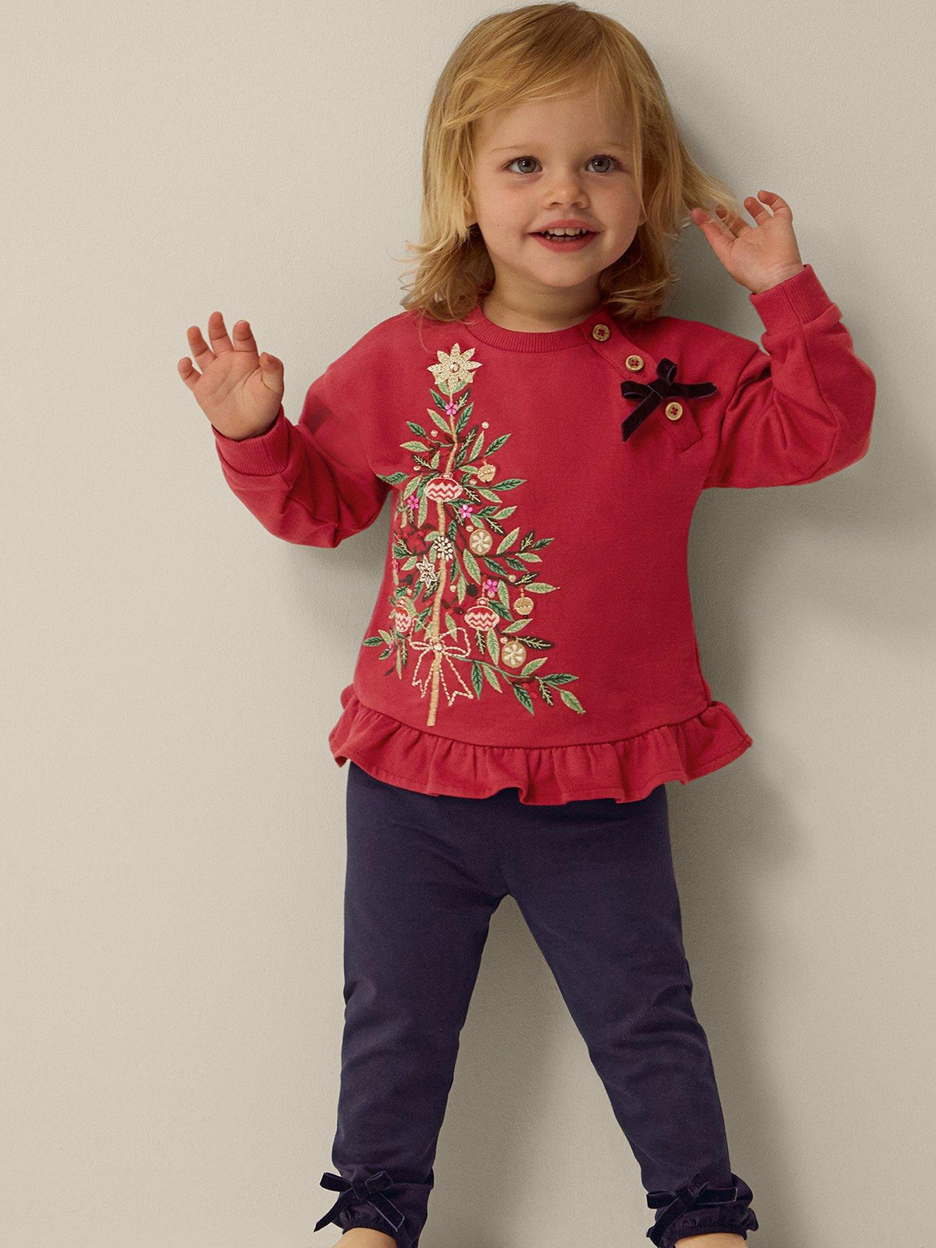 Image 1 of 4 of Monsoon Girls Christmas Embroidered Frill 2 Piece Set - Dark Red
