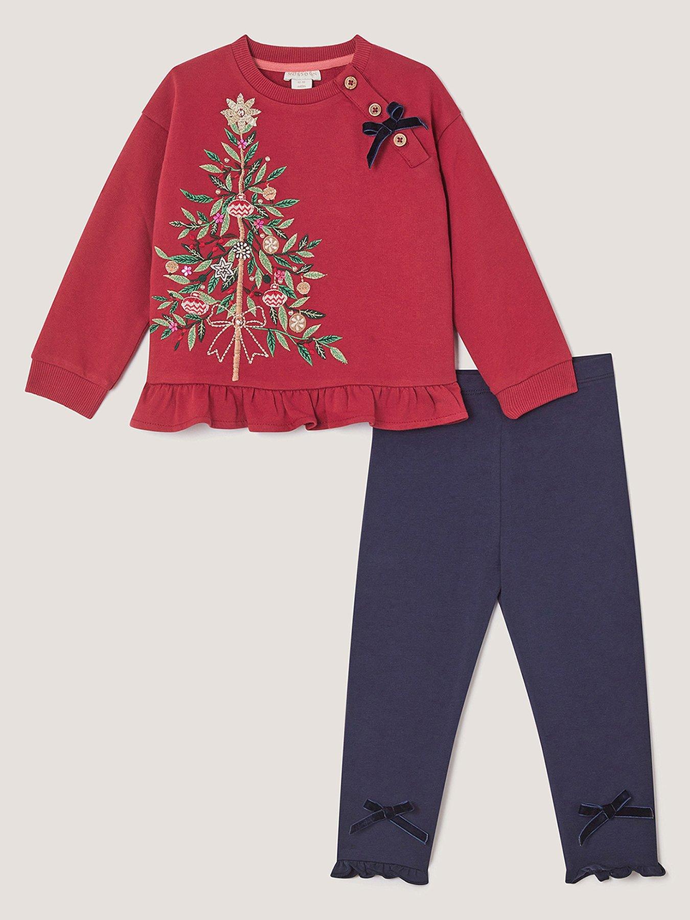 Image 2 of 4 of Monsoon Girls Christmas Embroidered Frill 2 Piece Set - Dark Red