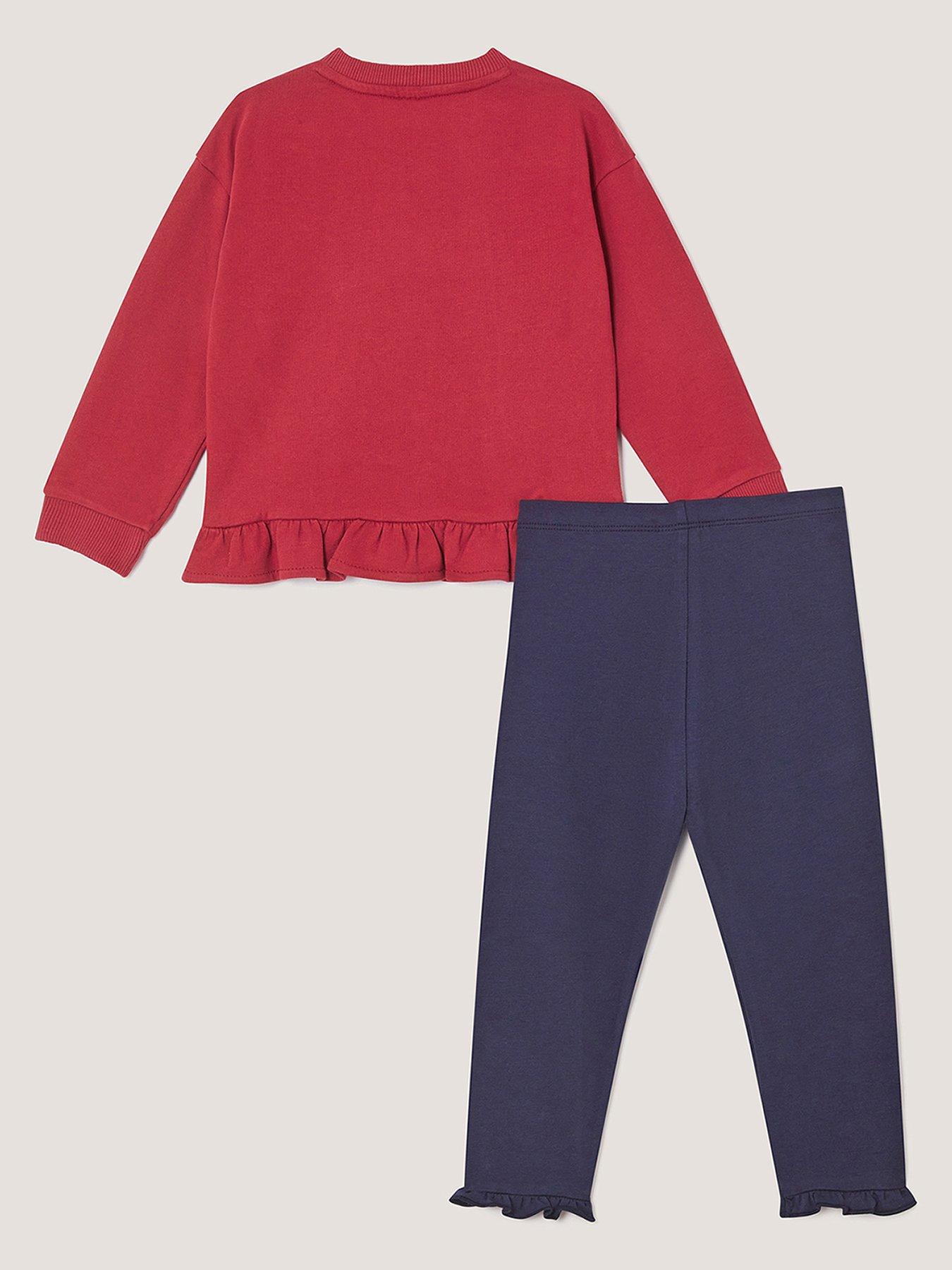 Image 3 of 4 of Monsoon Girls Christmas Embroidered Frill 2 Piece Set - Dark Red