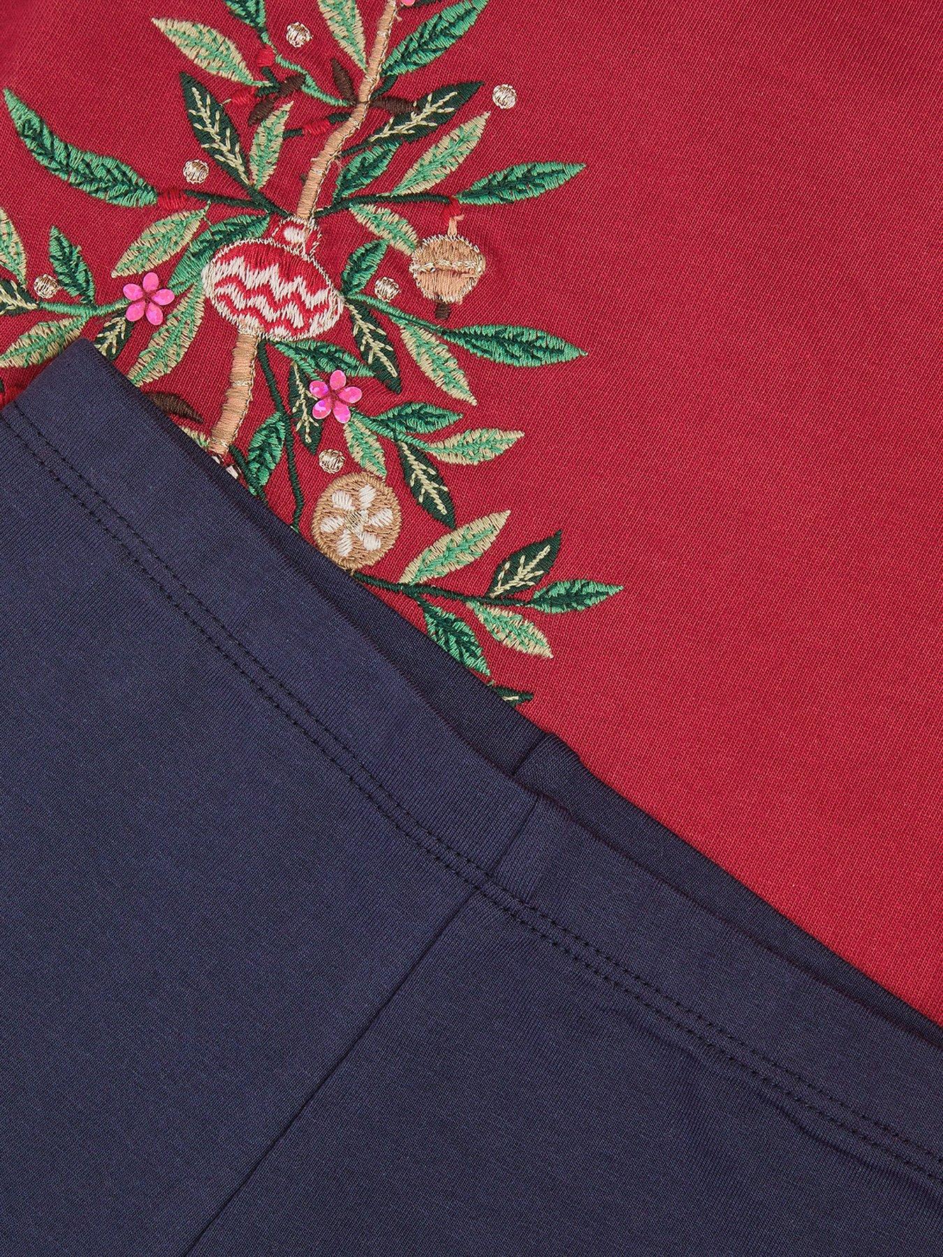 Image 4 of 4 of Monsoon Girls Christmas Embroidered Frill 2 Piece Set - Dark Red