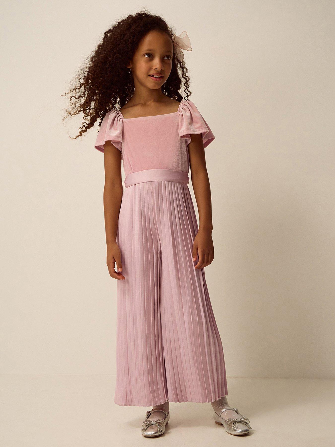 Image 1 of 4 of Monsoon Girls Quinn Velvet Pleated Wide-Leg Jumpsuit - Pink