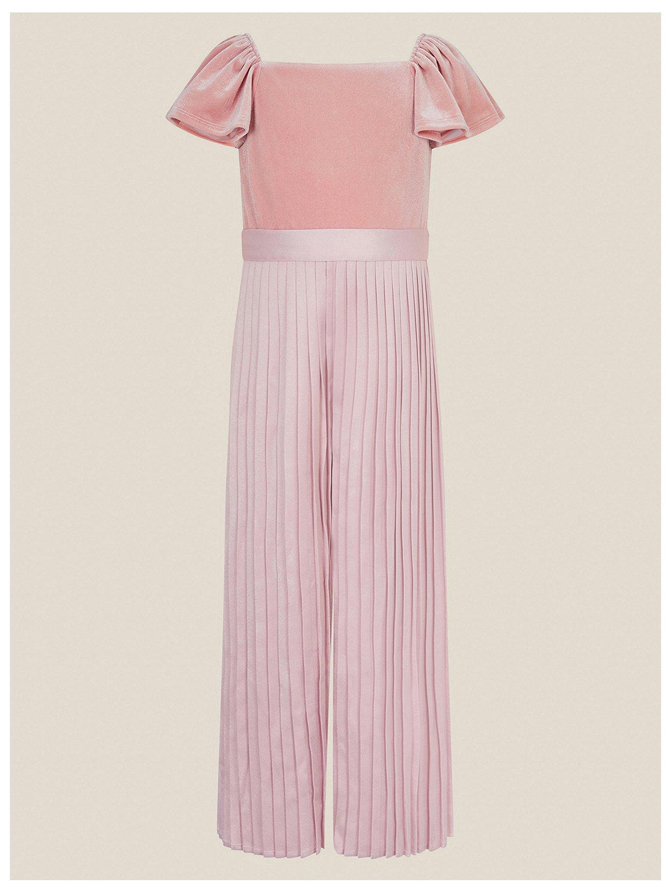 Image 2 of 4 of Monsoon Girls Quinn Velvet Pleated Wide-Leg Jumpsuit - Pink