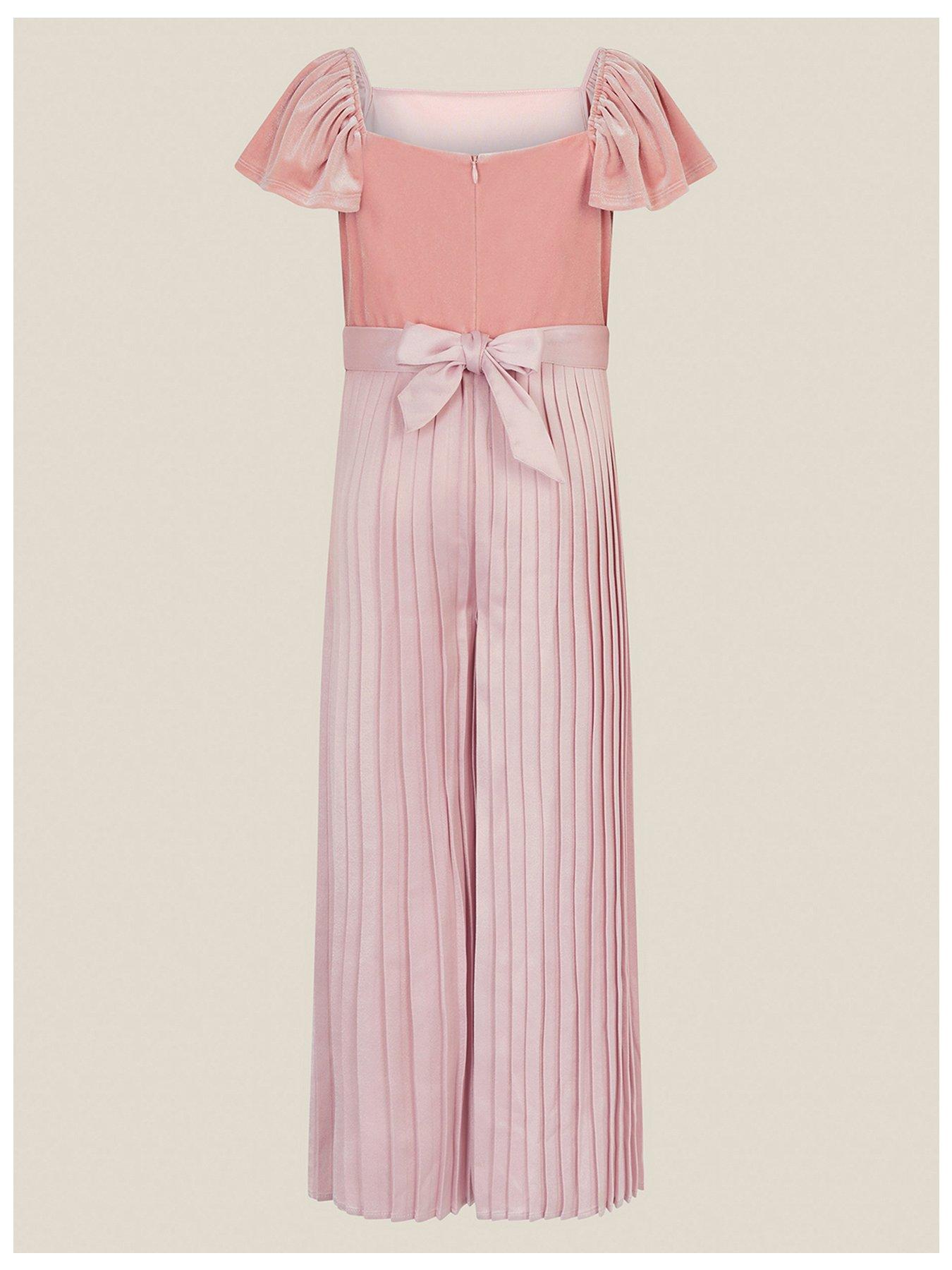 Image 3 of 4 of Monsoon Girls Quinn Velvet Pleated Wide-Leg Jumpsuit - Pink