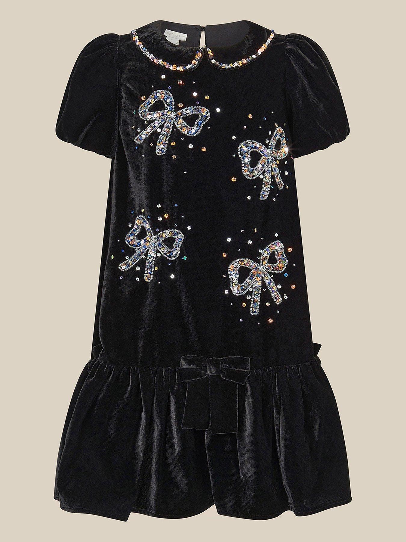 Image 1 of 3 of Monsoon Girls Mara Velvet Sequin Bow Swing Dress - Black
