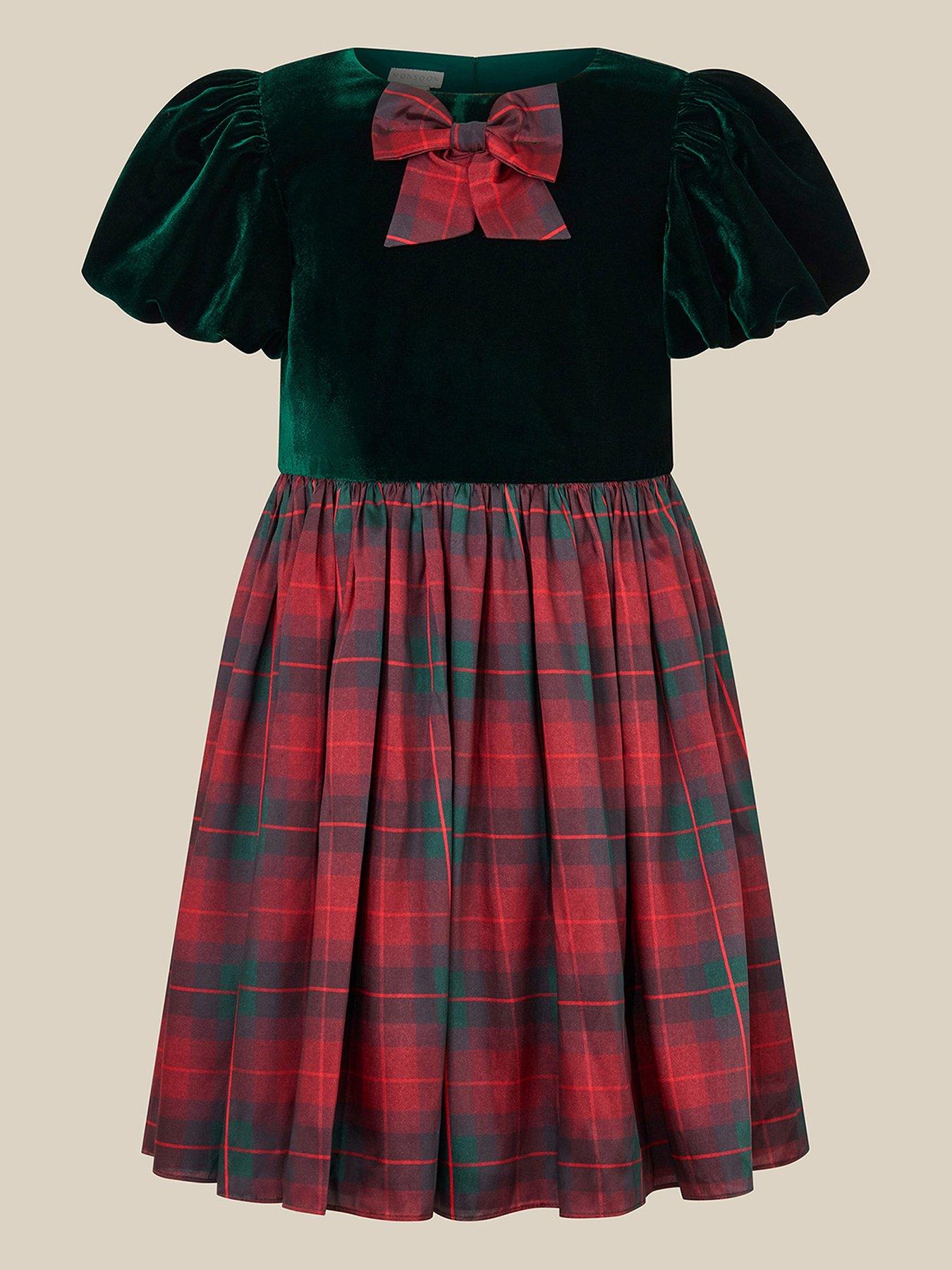 Image 1 of 3 of Monsoon Girls Elspeth Tartan Puff Sleeve Bow Dress - Green