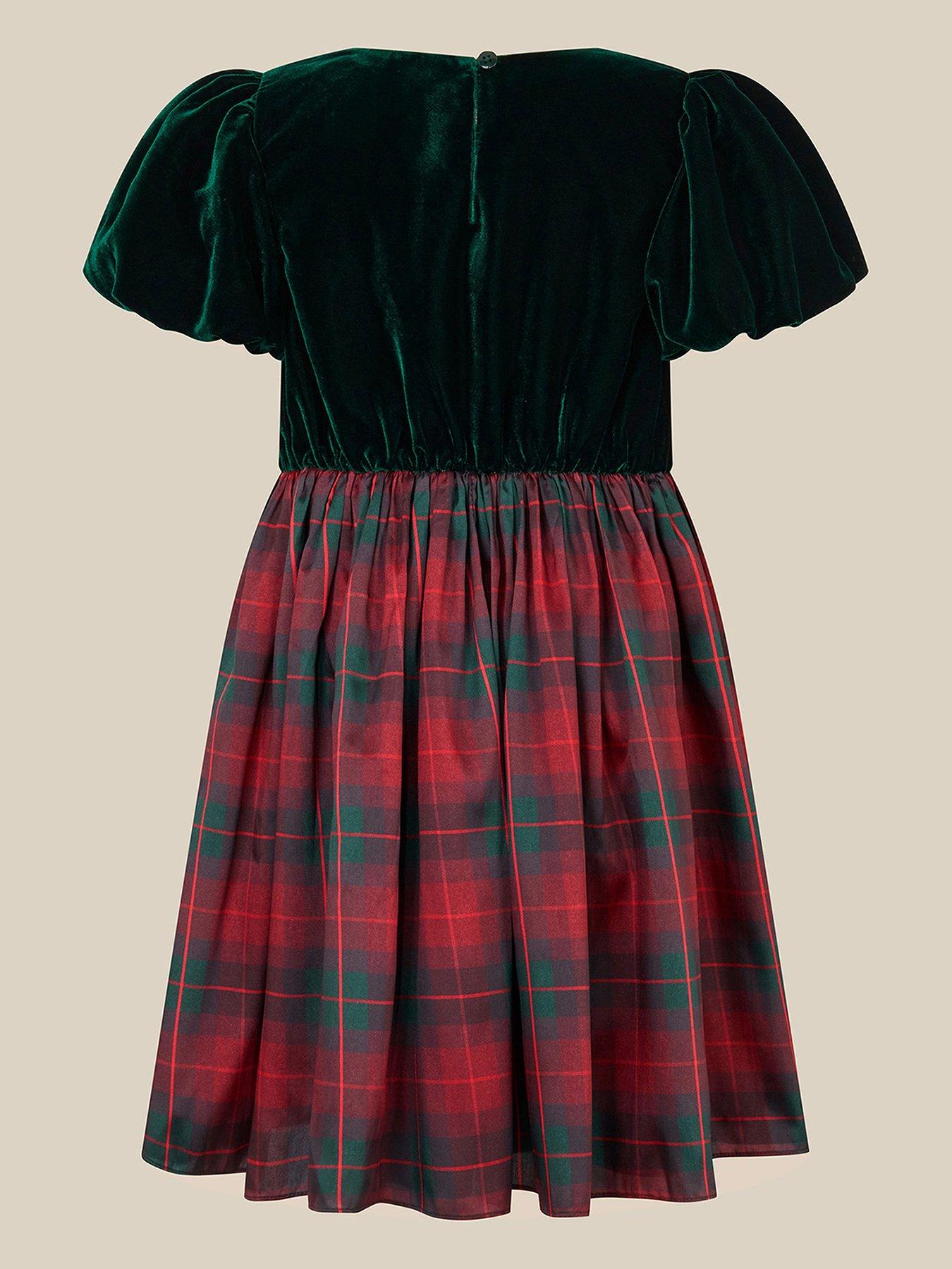 Image 2 of 3 of Monsoon Girls Elspeth Tartan Puff Sleeve Bow Dress - Green