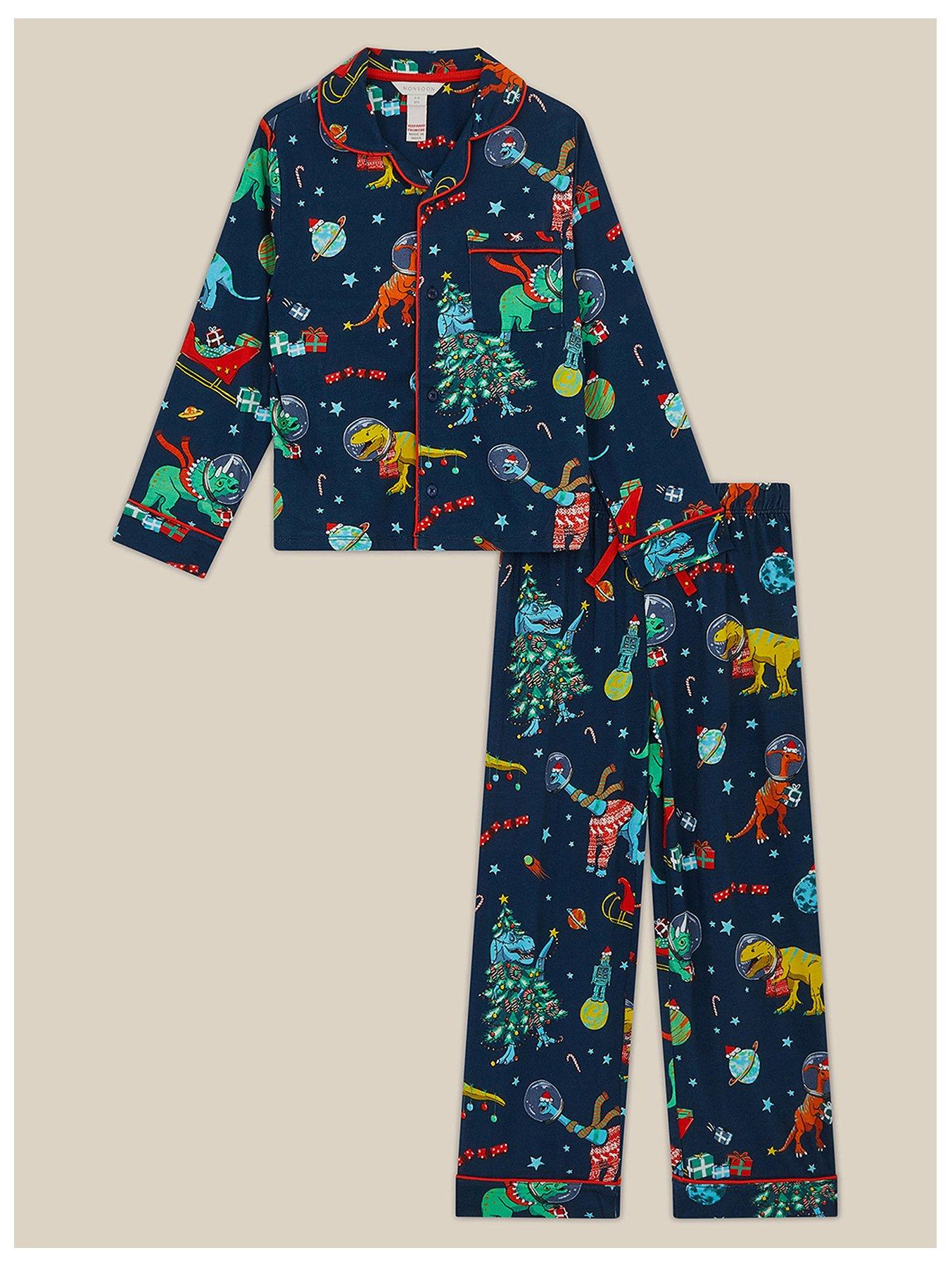 Image 1 of 4 of Monsoon Boys Jersey Christmas Dino Pyjamas - Navy