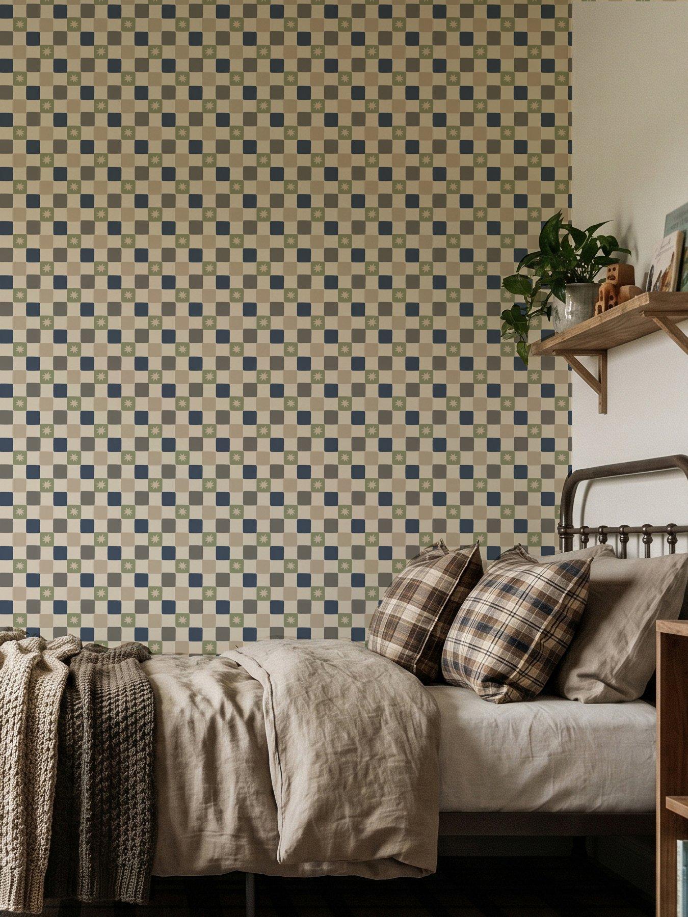 Arthouse Chequer Star Sage Green & Navy Blue Wallpaper